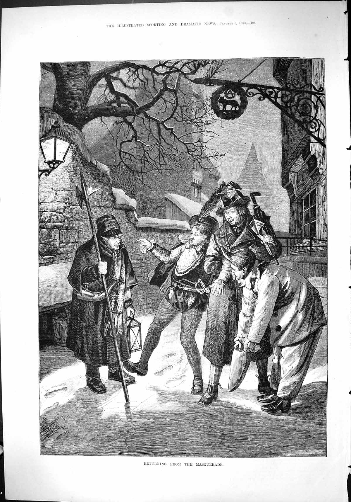 Antique Print 1883 Street Scene People Returning Masquerade Guard Man Lamp 19th