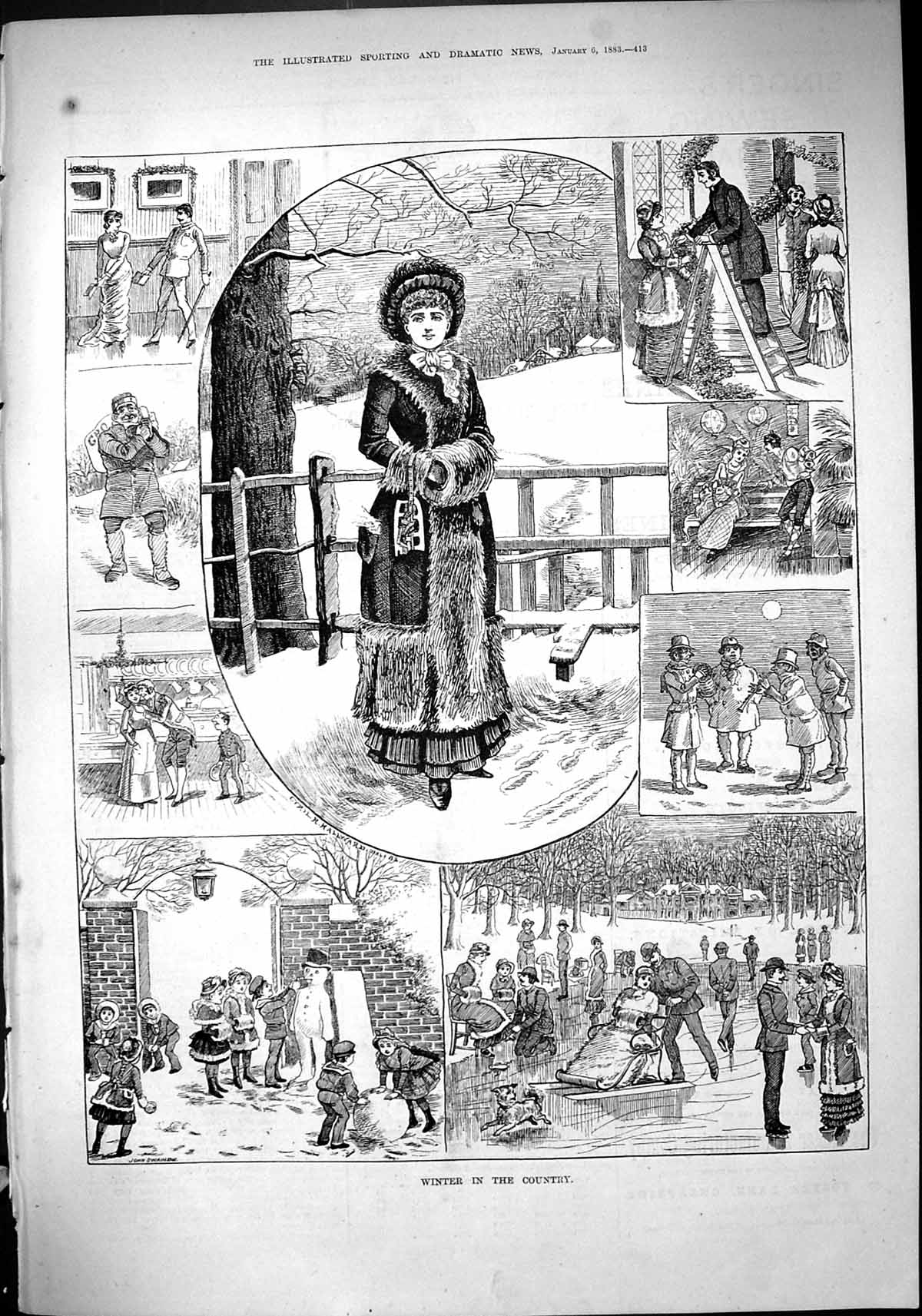 Old 1883 Winter Country Scene Ice Skating Sledge Snowman Children Joh Victorian