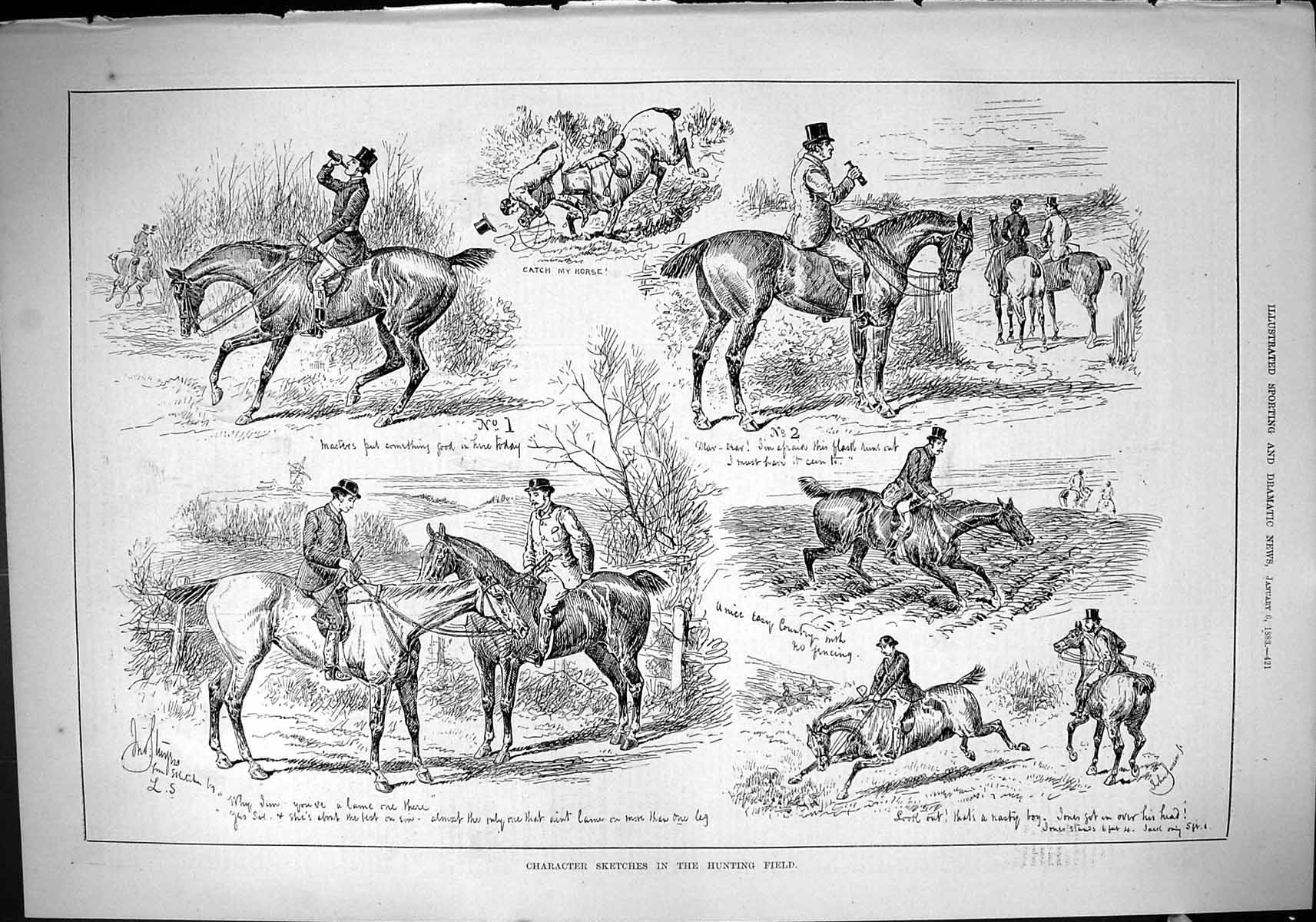 Antique Print Sport 1883 Character Sketches Hunting Field Horses Huntsment 19th
