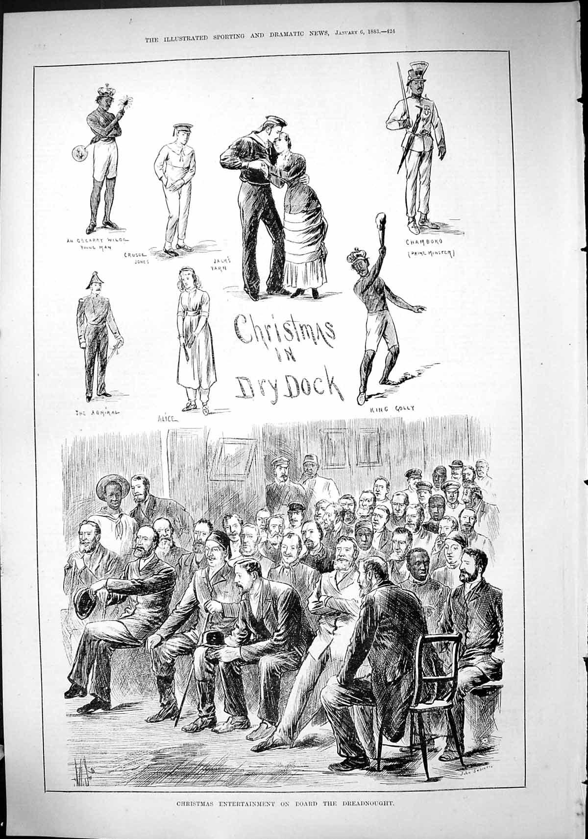 Old Antique Print 1883 Christmas Entertainemnt Dreadnought Ship Dry Dock 19th