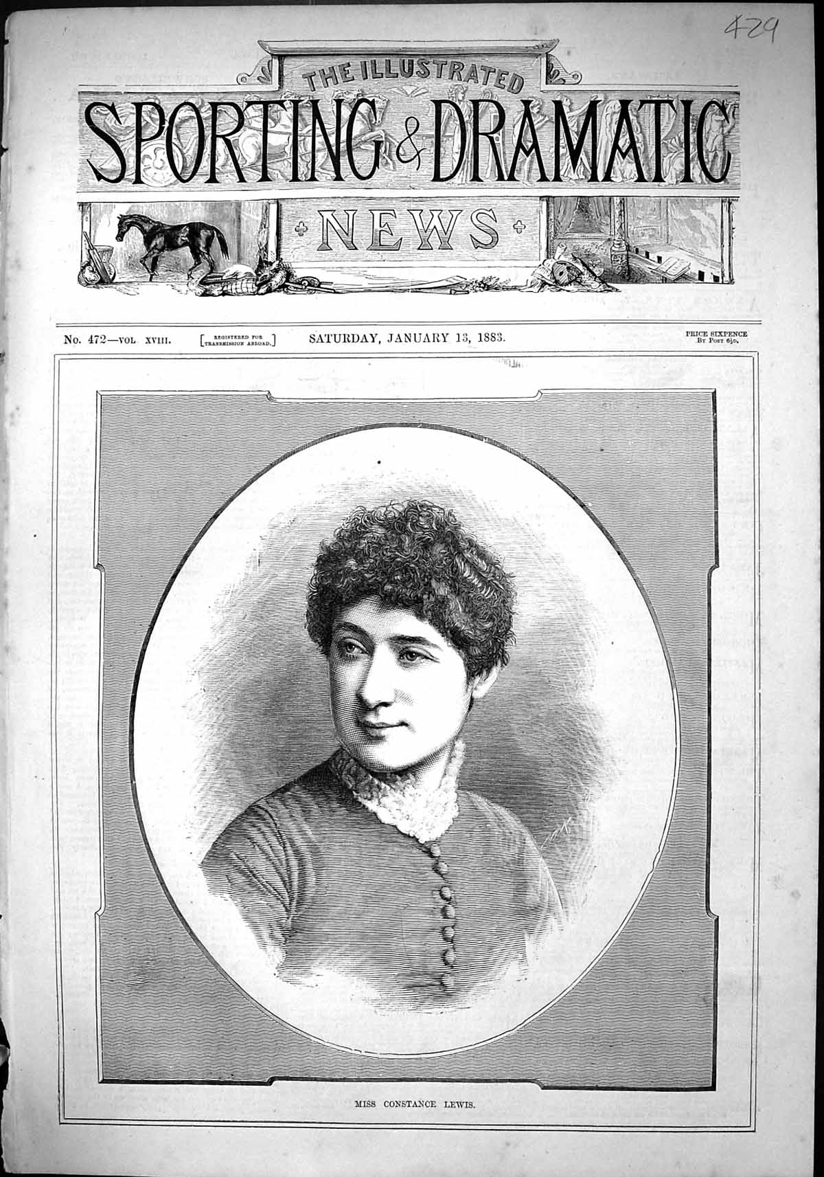 Original Old Antique Print 1883 Portrait Miss Constance Lewis Beautiful Woman