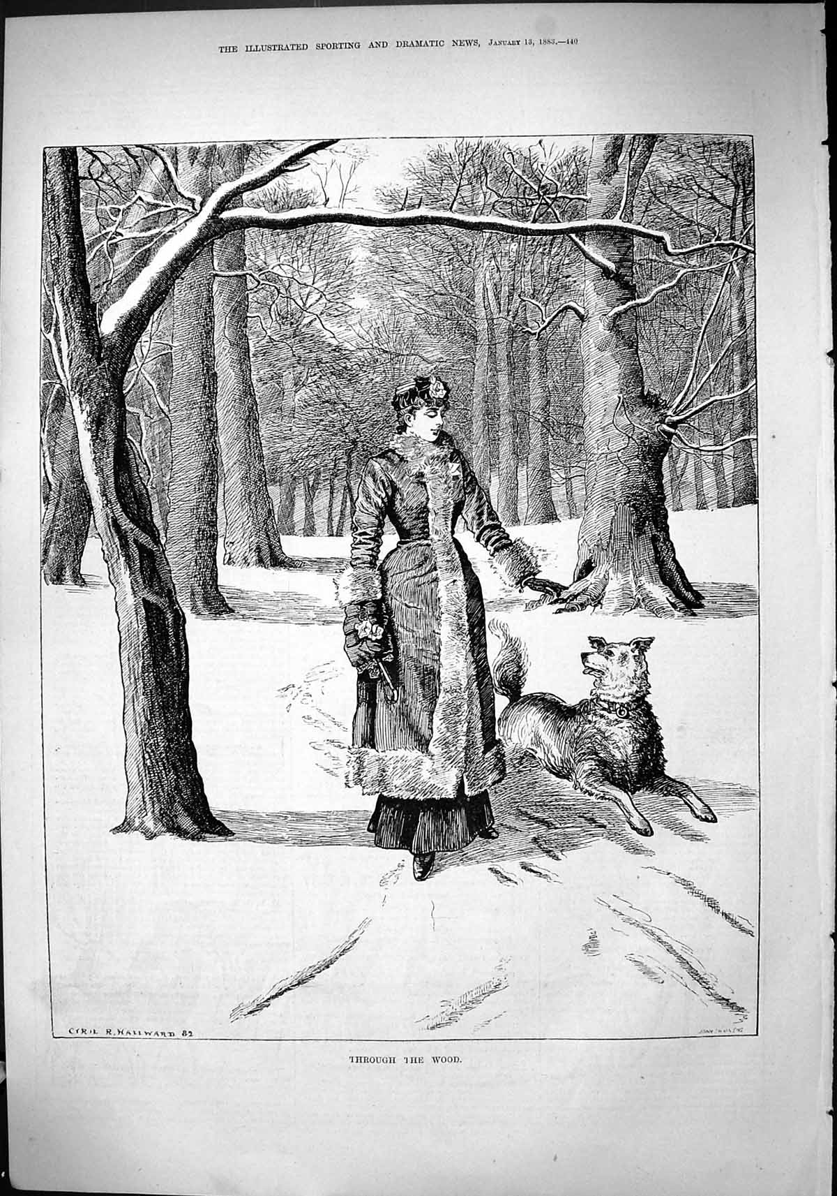 Old Antique Print 1883 Lady Pet Dog Walking Through Wood Cyril Hailward 19th