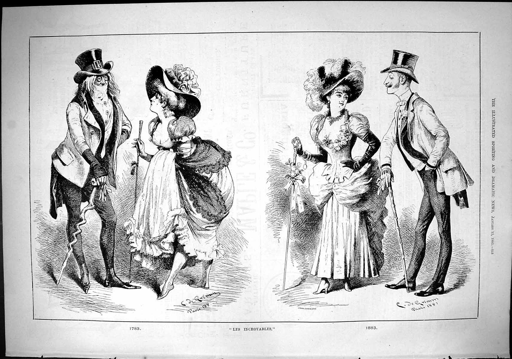Original Old Antique Print Les Incroyables 1783 1883 Men Ladies Romance Grimm