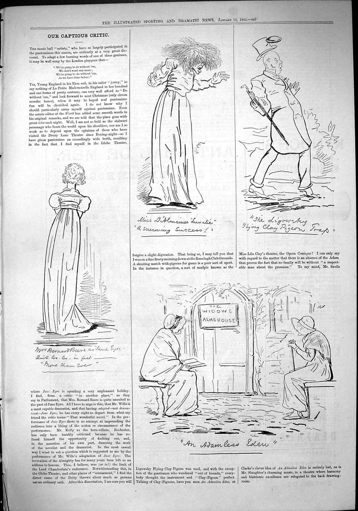 Old 1883 Captious Critic Theatre Illustration Bernard Beere Widows Al Victorian