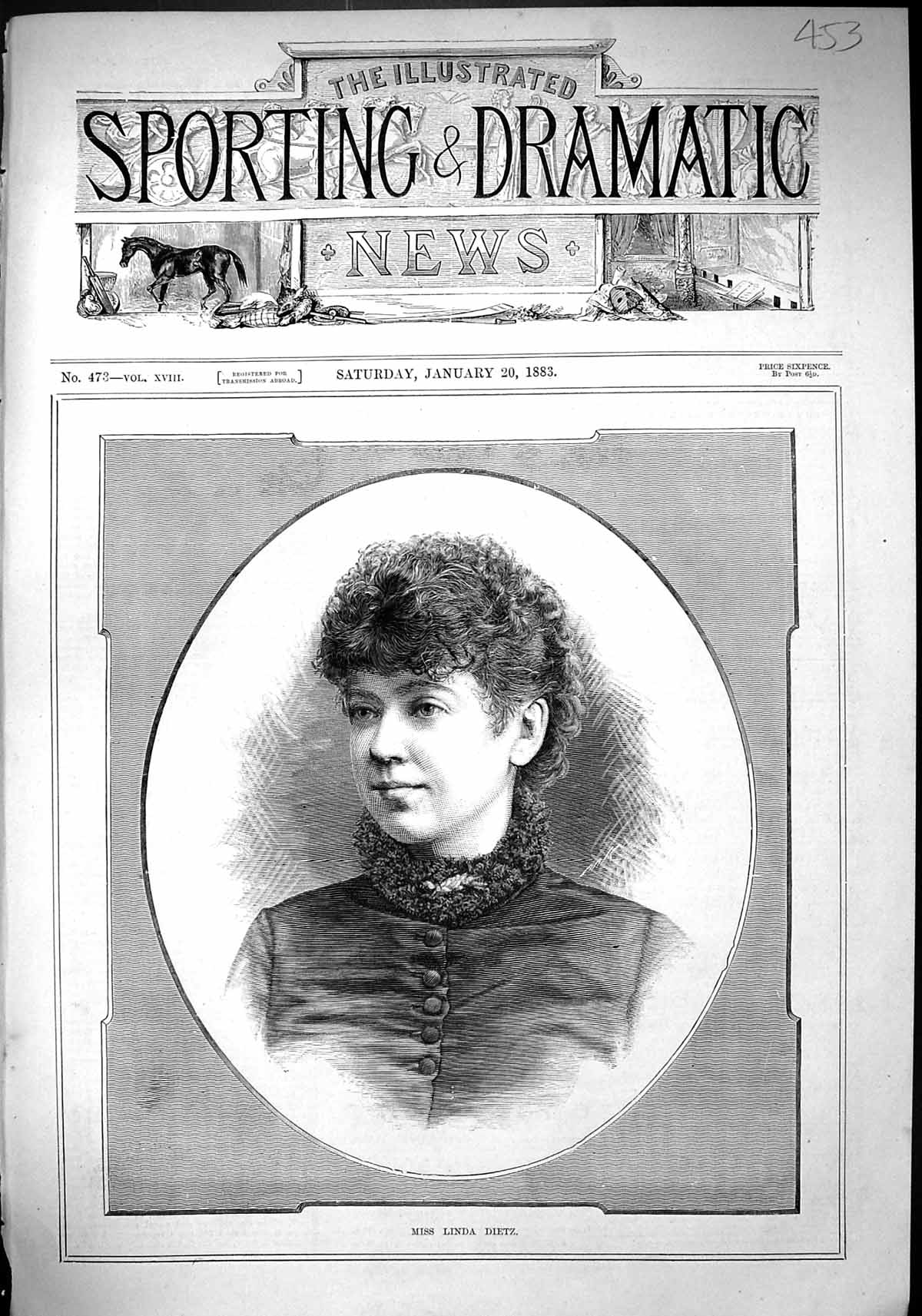Original Old Antique Print 1883 Portrait Miss Linda Dietz Beautiful Woman 19th