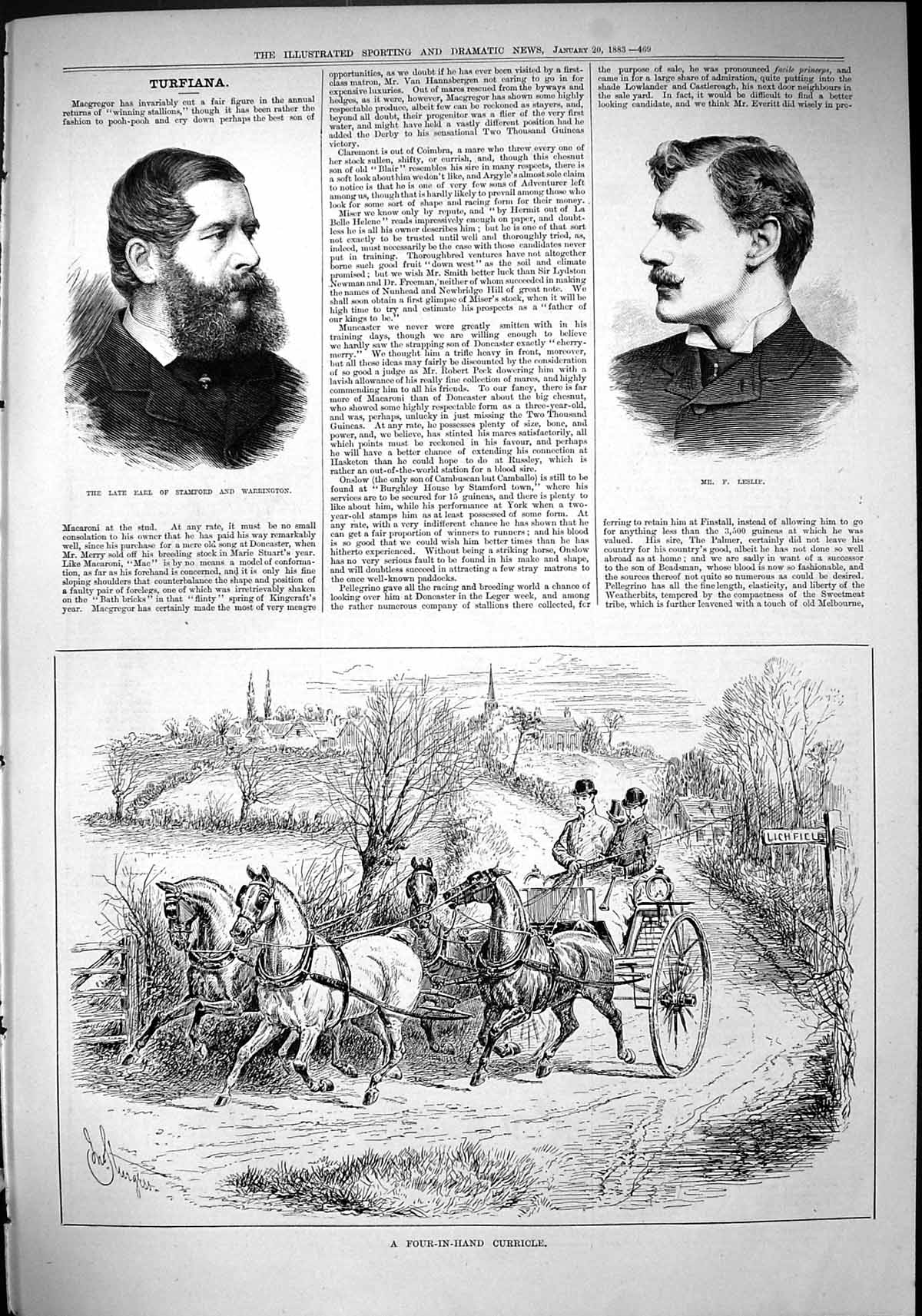 Old 1883 Earl Stamford Warrington Leslie Four-In-Hand Curricle Horses Victorian