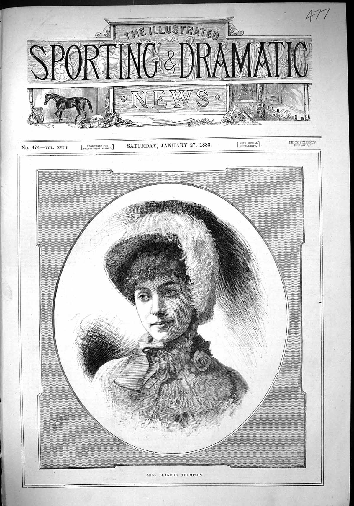 Old Antique Print 1883 Beautiful Woman Miss Blanche Thompson Feather Hat 19th
