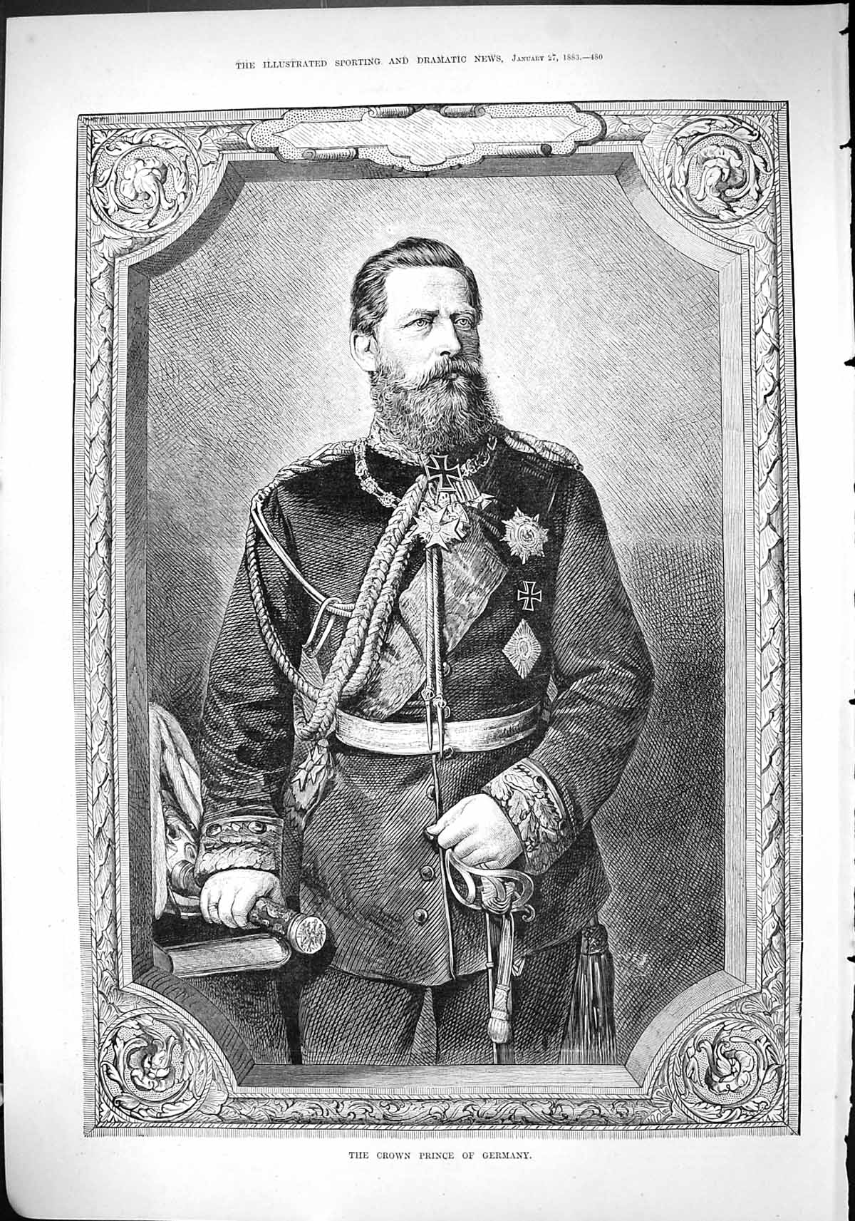 Original Old Antique Print 1883 Portrait Crown Prince Germany War Uniform 19th