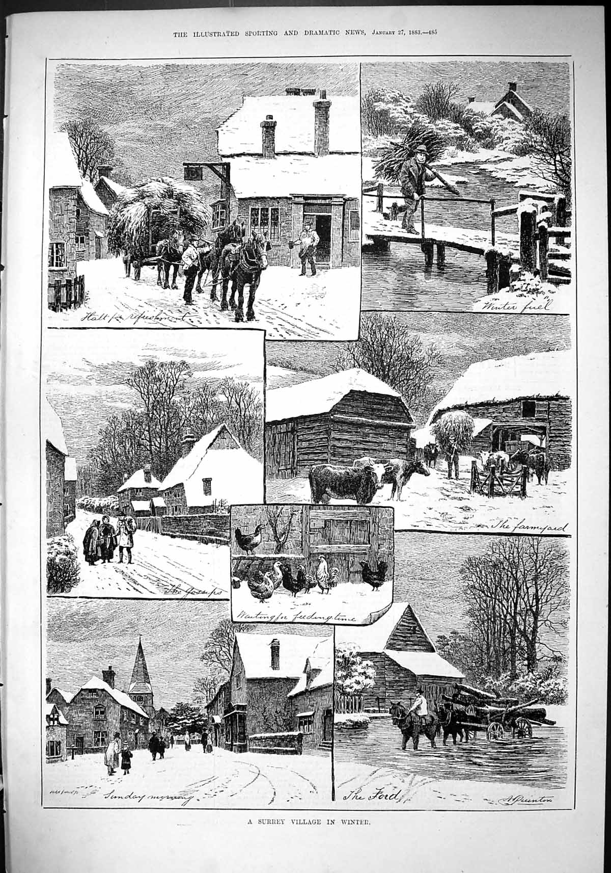 Old Surrey Village Winter Scene Farmyard Chickens Gathering Fuel 1883 Victorian