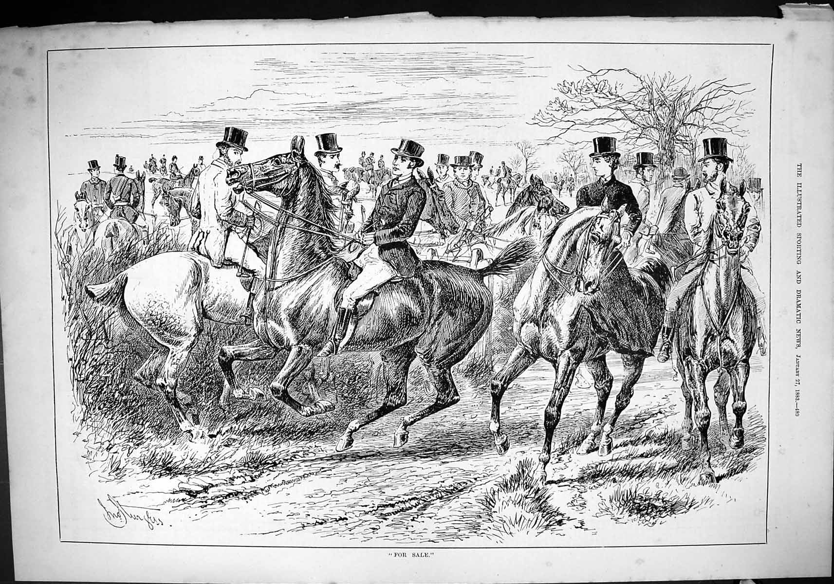 Original Old Antique Print Sport 1883 Hunting Horses Huntsmen Sturgess 19th