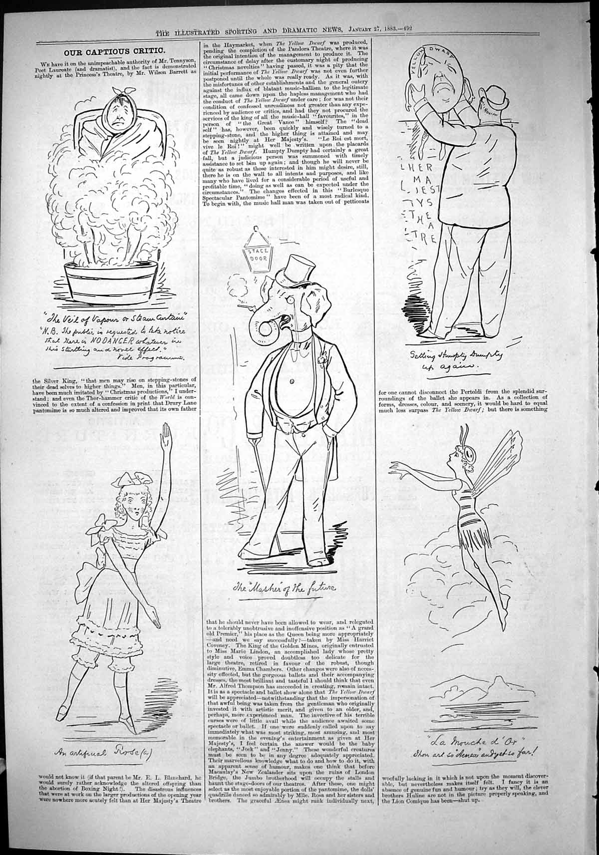 Old Antique Print 1883 Captious Critic Humpty Dumpty Theatre Illustration 19th