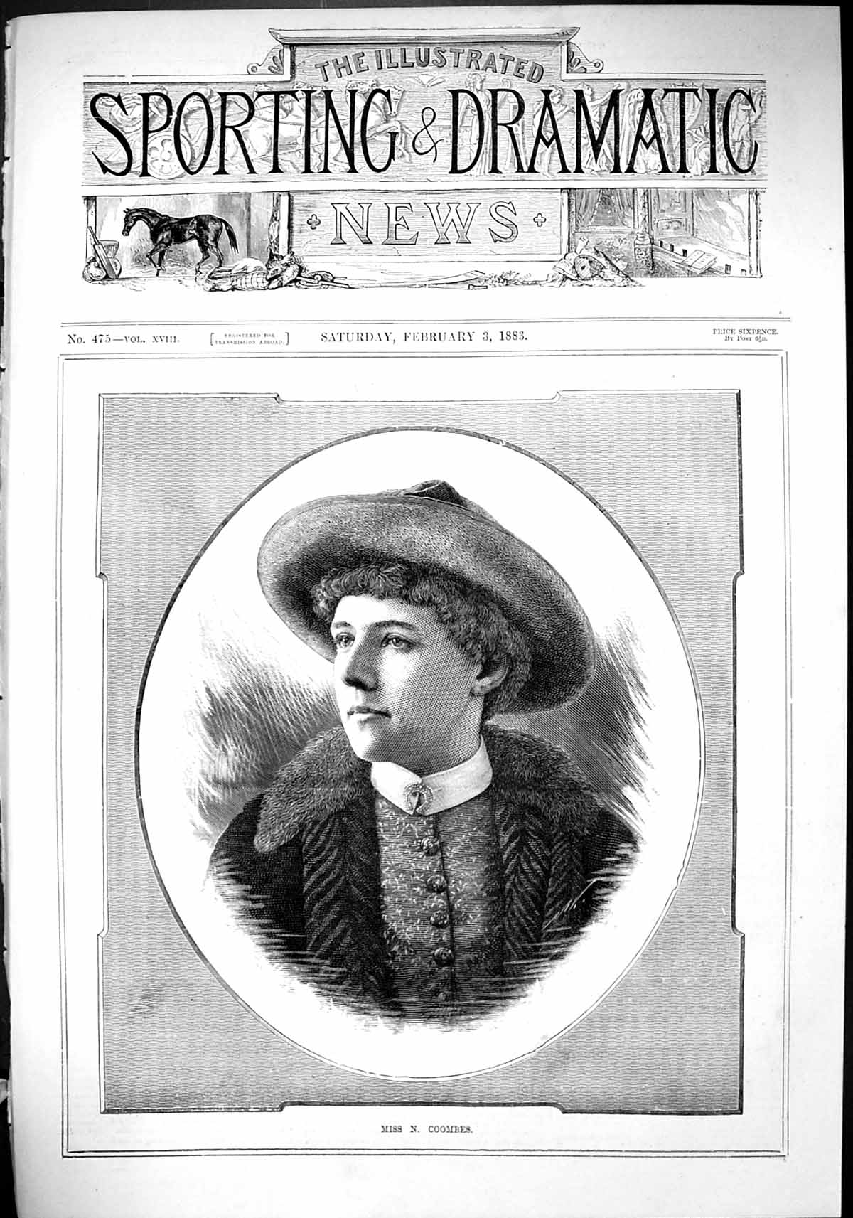 Original Old Antique Print 1883 Portrait Miss Coombes Beautiful Lady Victorian