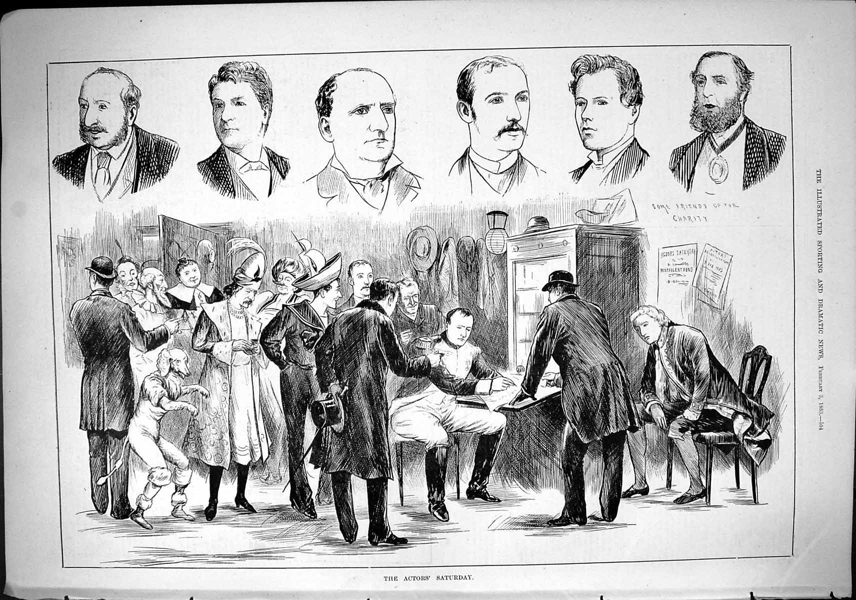 Original Old Antique Print 1883 Actors Saturday Portraits Friends Charity 19th