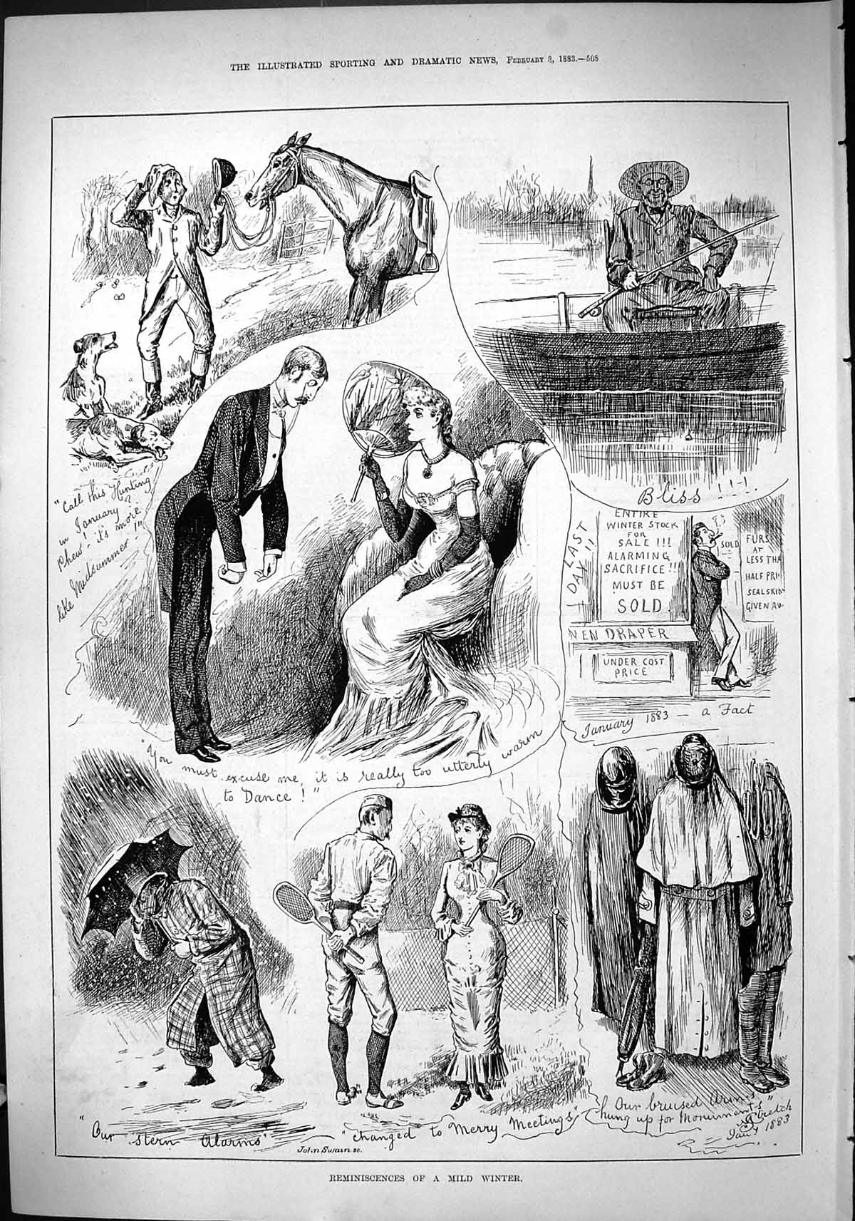 Original Old Antique Print 1883 Reminiscences Mild Winter Tennis Sport Snow
