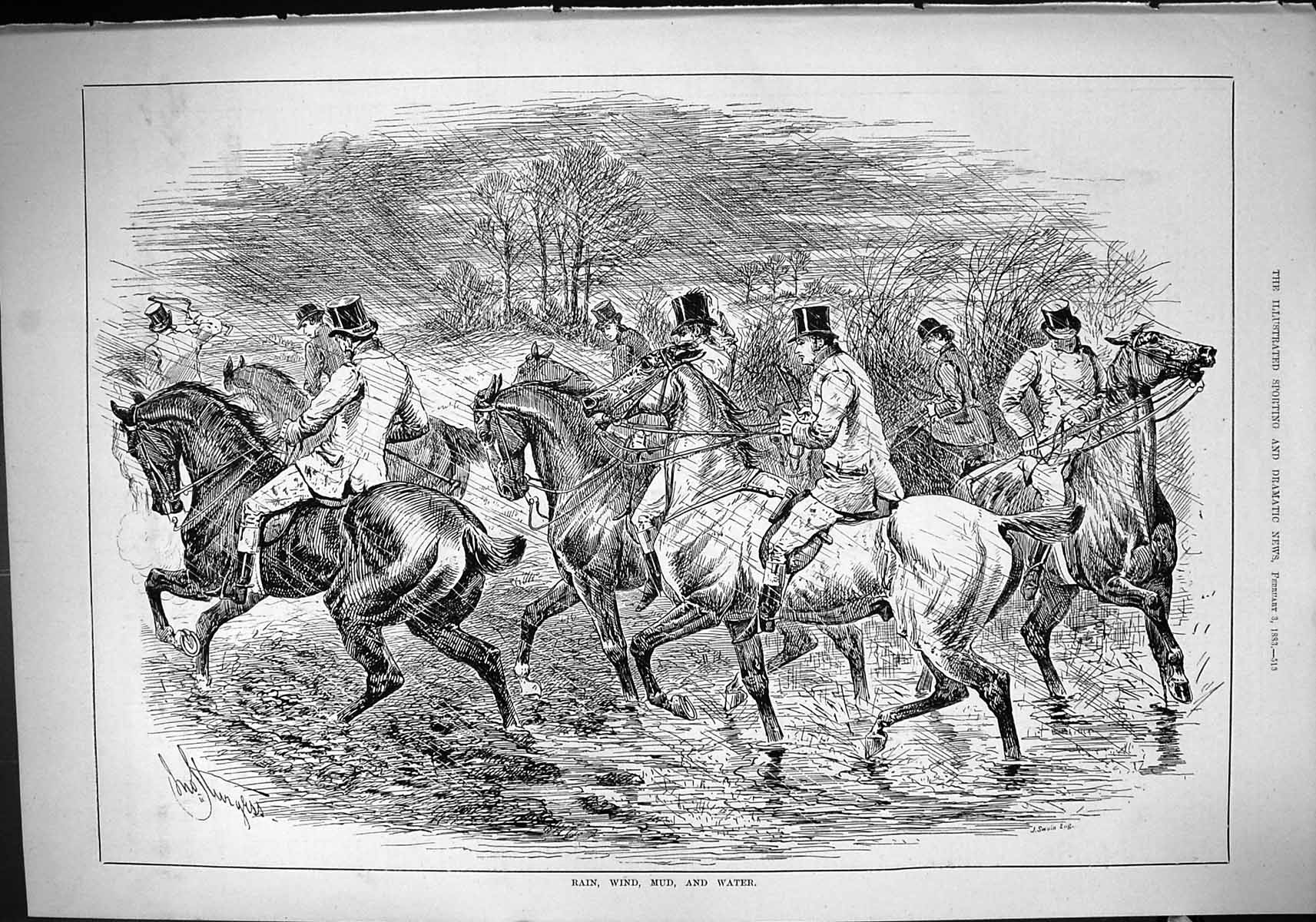 Old Antique Print Sport 1883 Rain Wind Mud Water Hunting Horses Huntsmen 19th