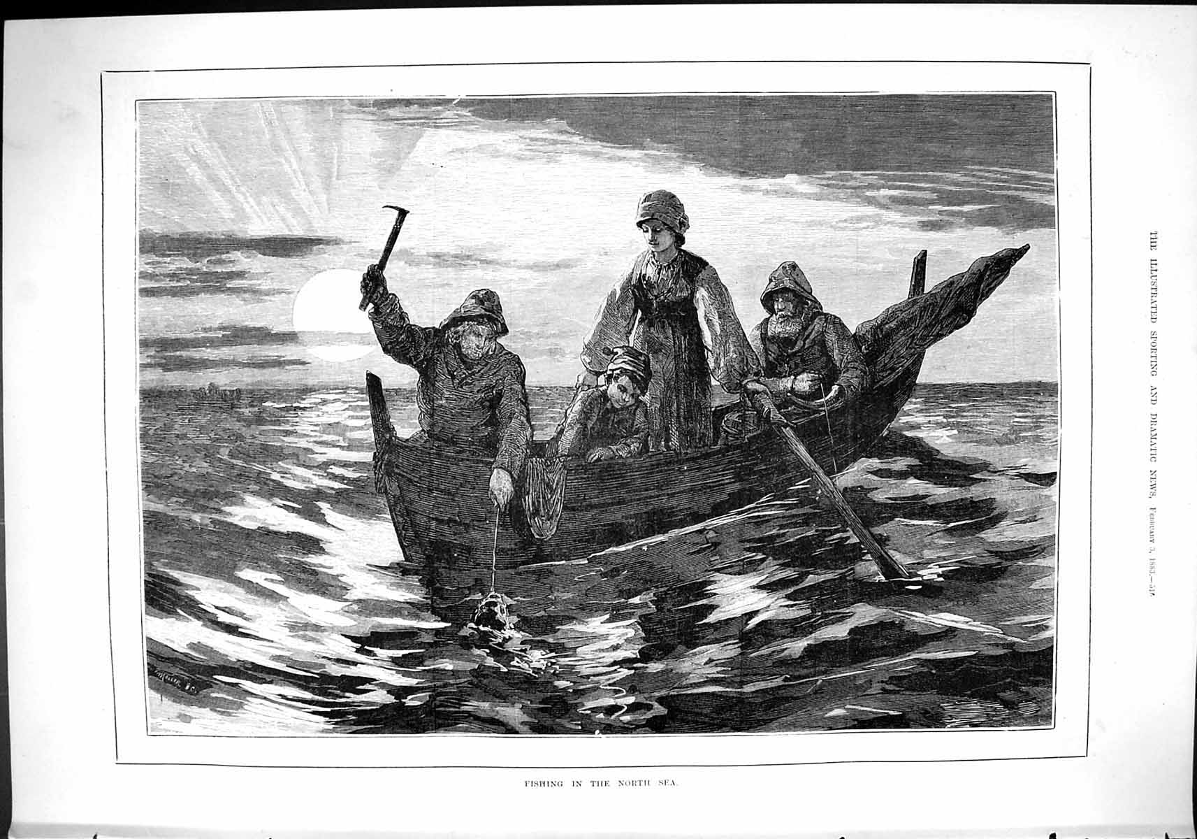 Antique Old Print Sport 1883 Fishing North Sea Fish Boat Sunlight Fine Art 19th