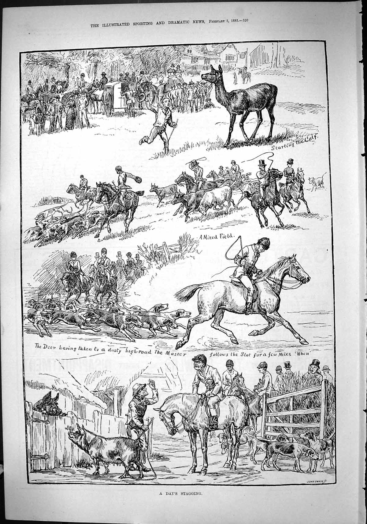 Antique Old Print Sport 1883 Hunting Hounds Stags Deer Huntsmen John Swain 19th