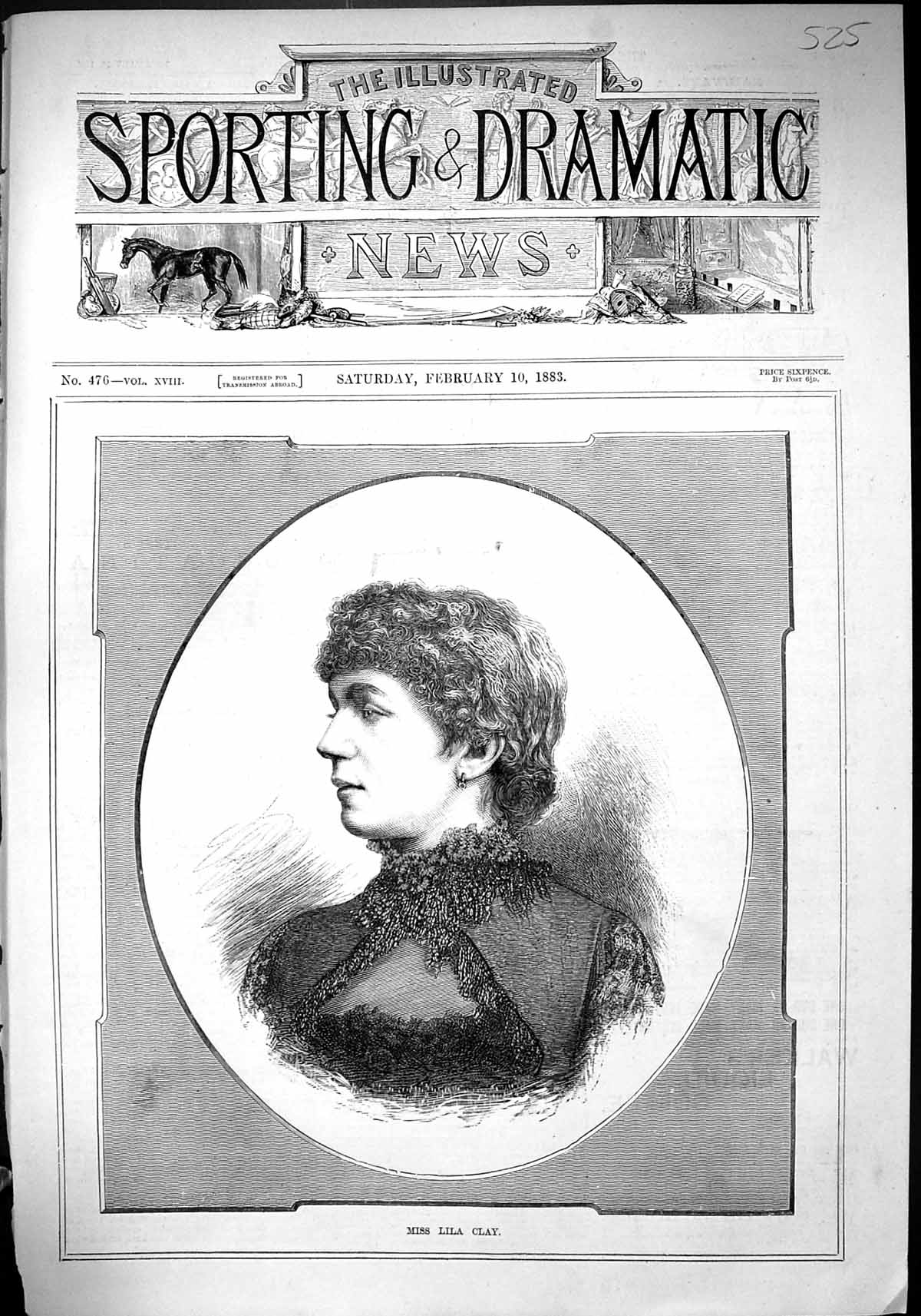 Original Old Antique Print 1883 Portrait Beautiful Woman Miss Lila Clay 19th