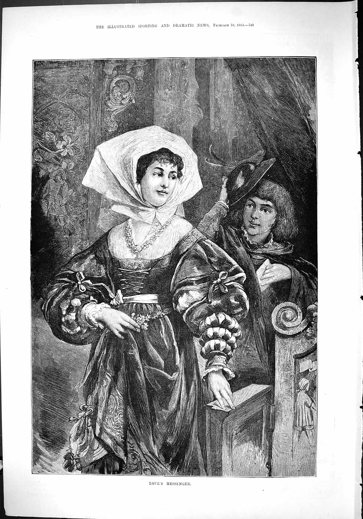 Original Old Antique Print 1883 Love'S Messenger Lady Man Romance Victorian