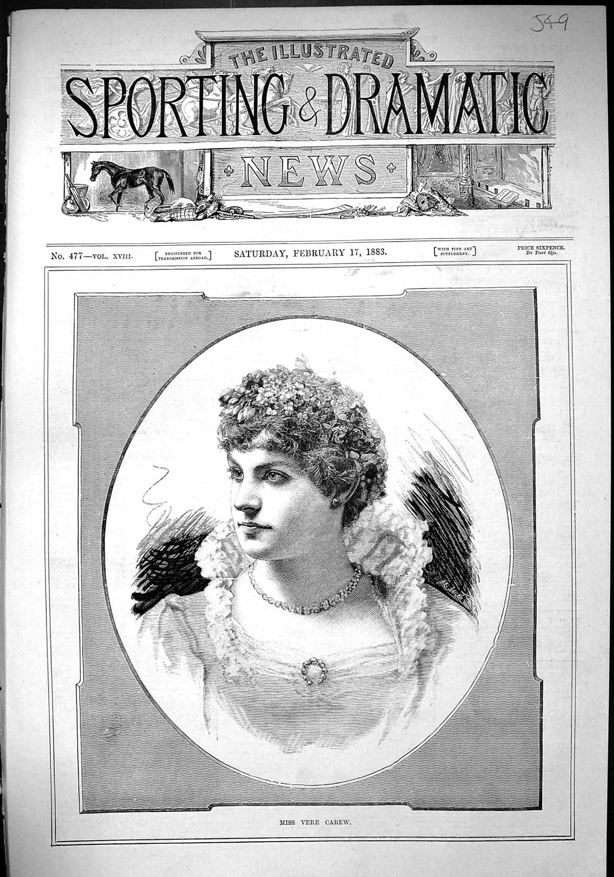 Original Old Antique Print 1883 Portrait Miss Vere Carew Beautiful Woman 19th