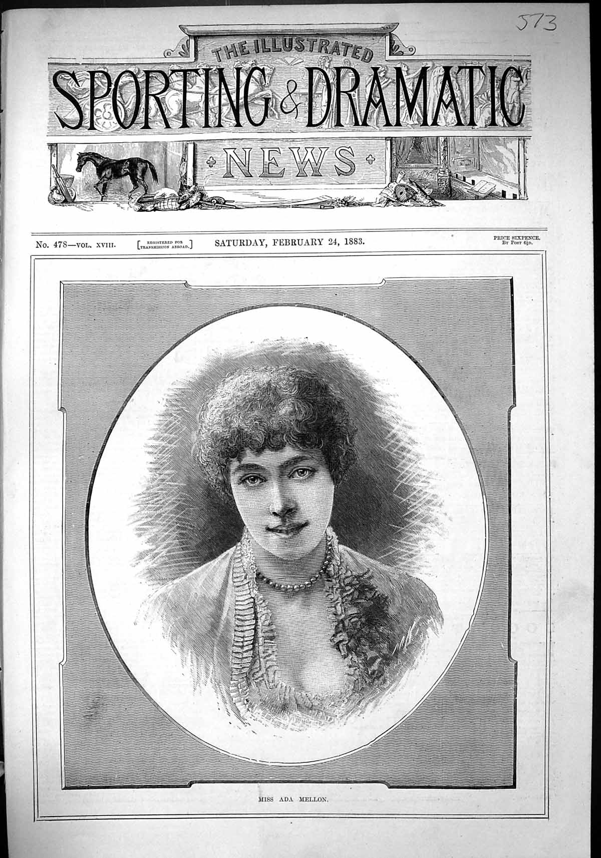 Original Old Antique Print 1883 Portrait Beautiful Woman Miss Ada Mellon 19th