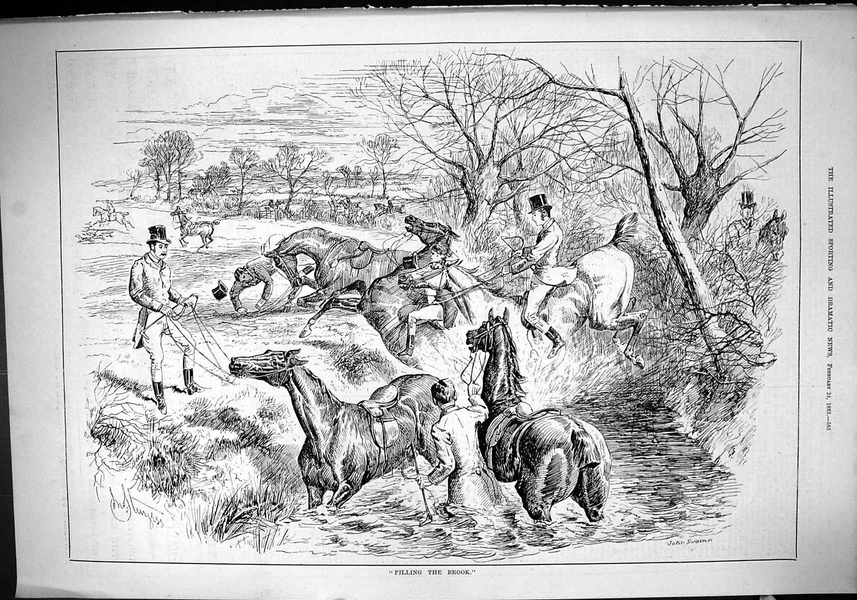 Antique Old Print Sport 1883 Horses Hunting Filling Brook Huntsmen John Swain