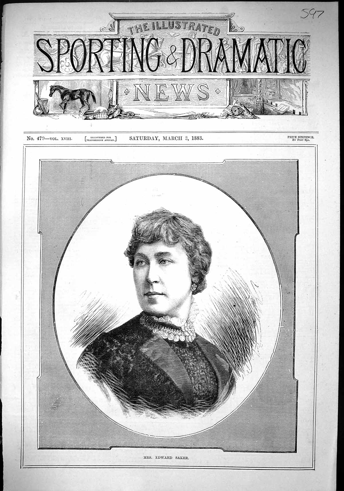 Original Old Antique Print 1883 Portrait Beautiful Woman Mrs Edward Saker 19th