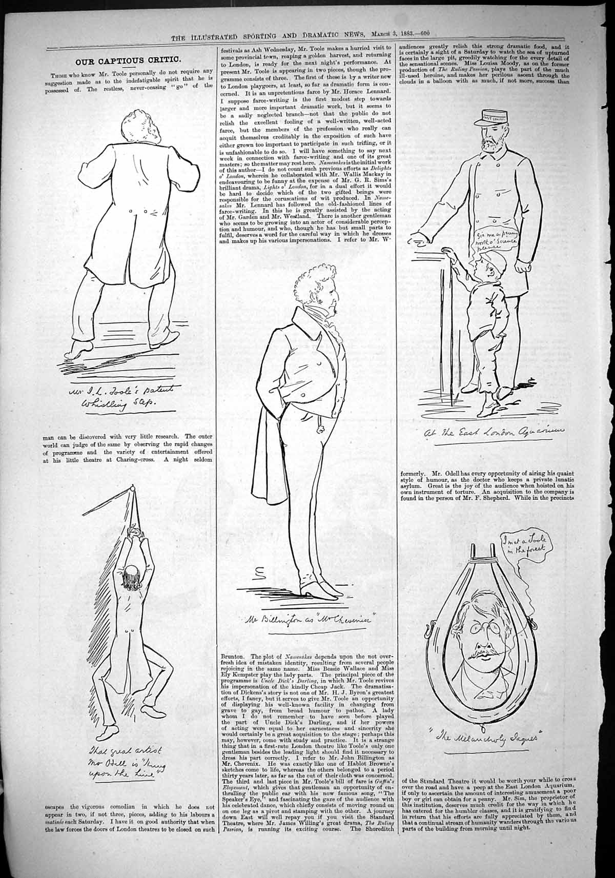 Antique Old Print 1883 Captious Critic Theatre Toole Billington Illustration