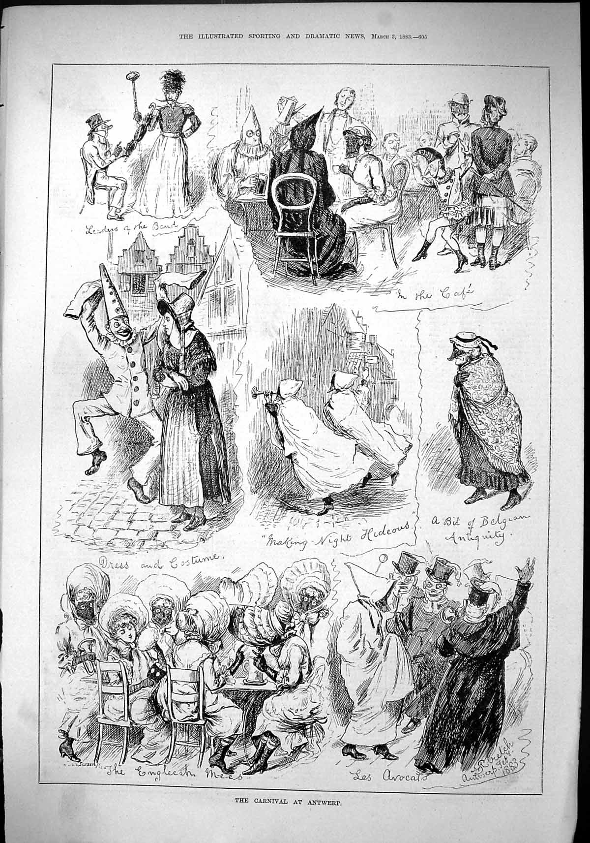 Original Old Antique Print Sport 1883 Carnival Antwerp Costumes Entertainment