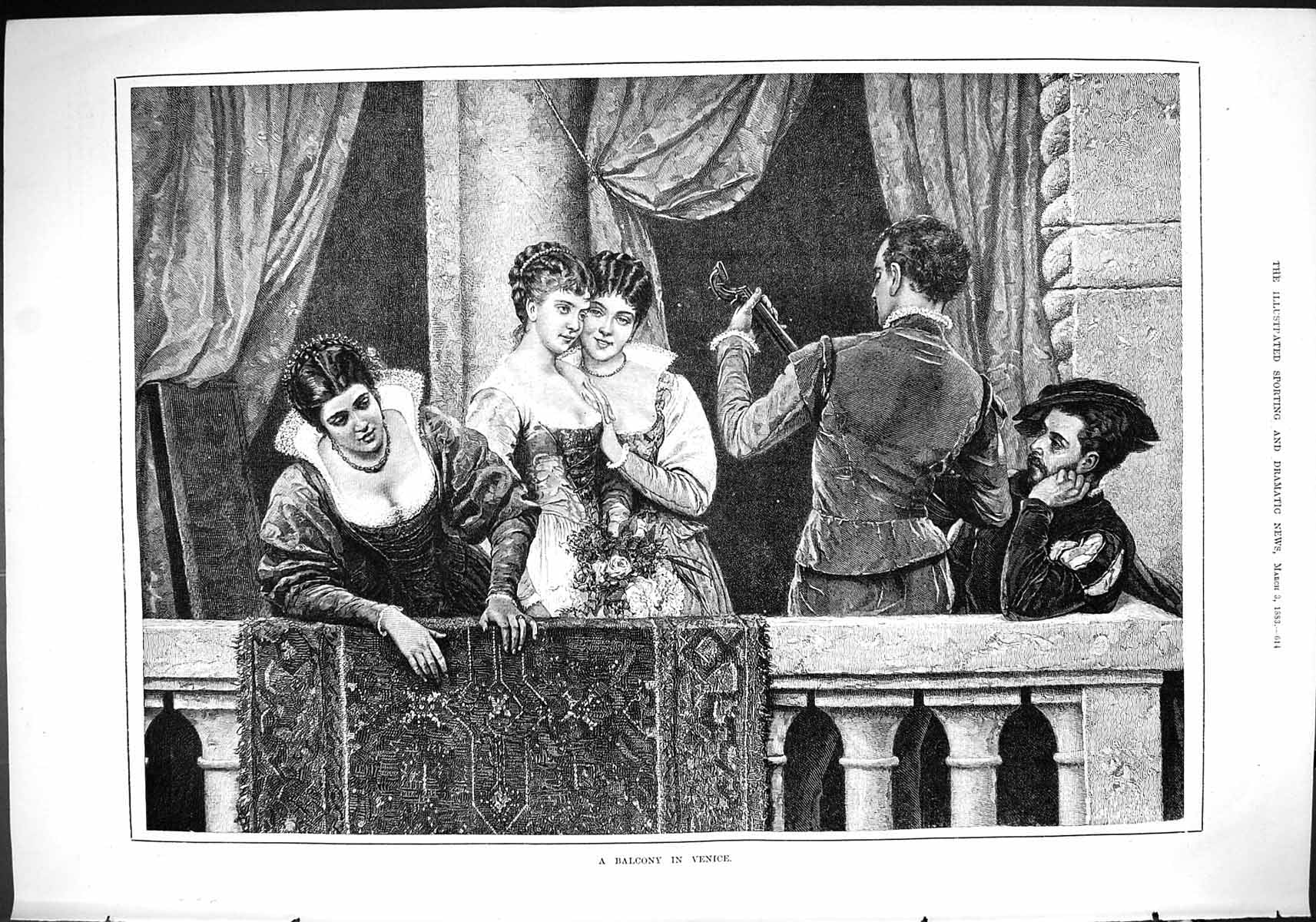 Antique Old Print 1883 Scene Balcony Venice Italy Music Men Romance Ladies 19th