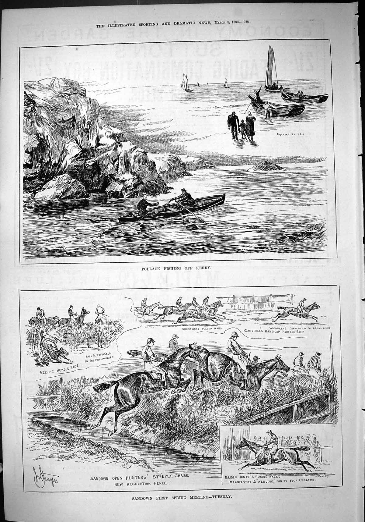 Old 1883 Pollock Fishing Kerry Ireland Sandown Sport Horse Racing Cov Victorian