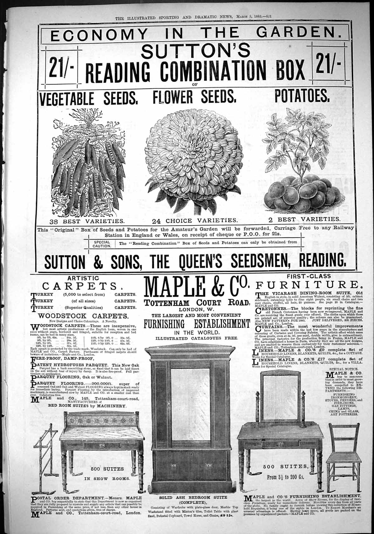 Antique Old Print 1883 Sutton Flower Seeds Potatoes Maple Furniture Tottenham
