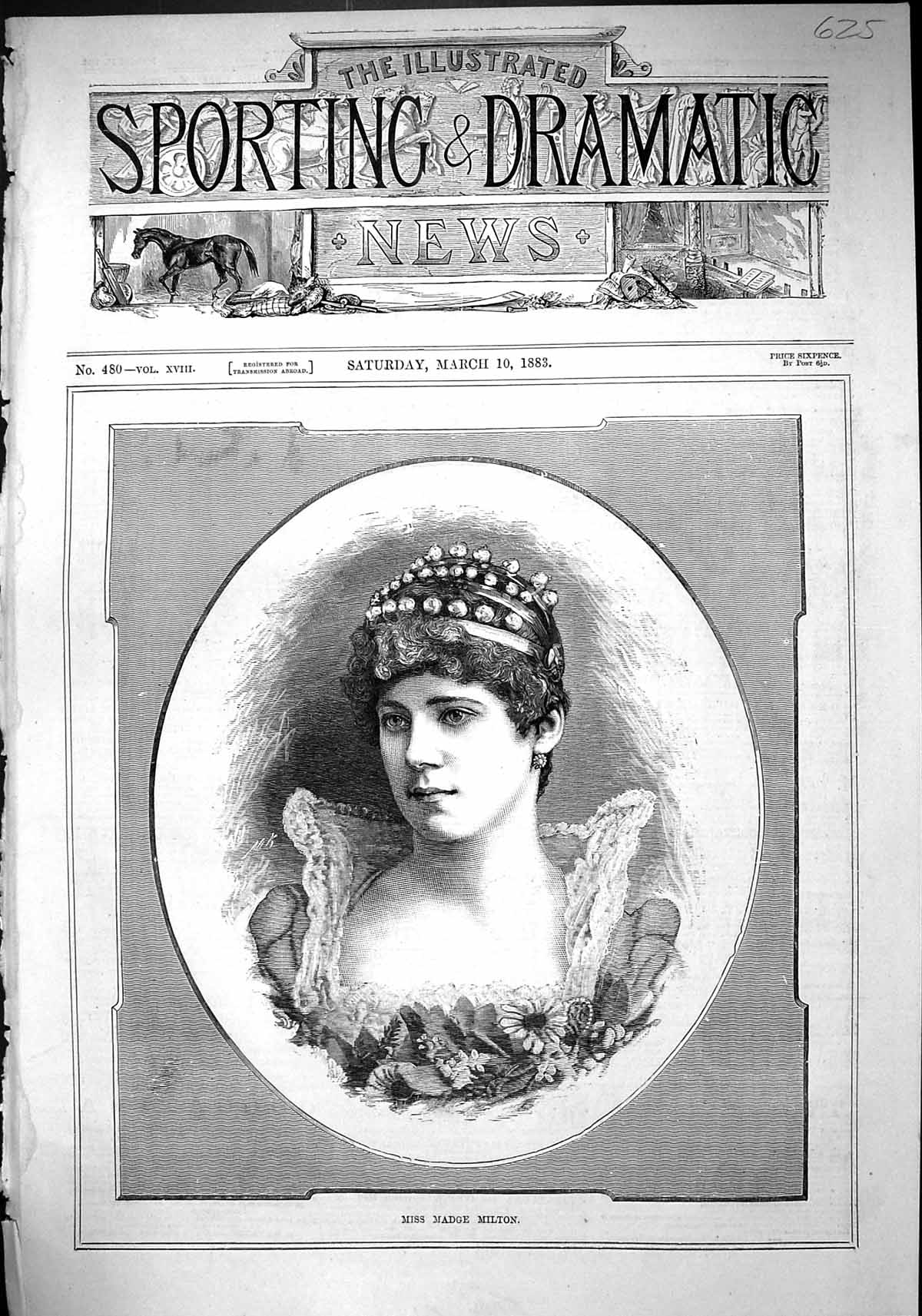 Original Old Antique Print 1883 Portrait Beautiful Woman Miss Madge Milton 19th