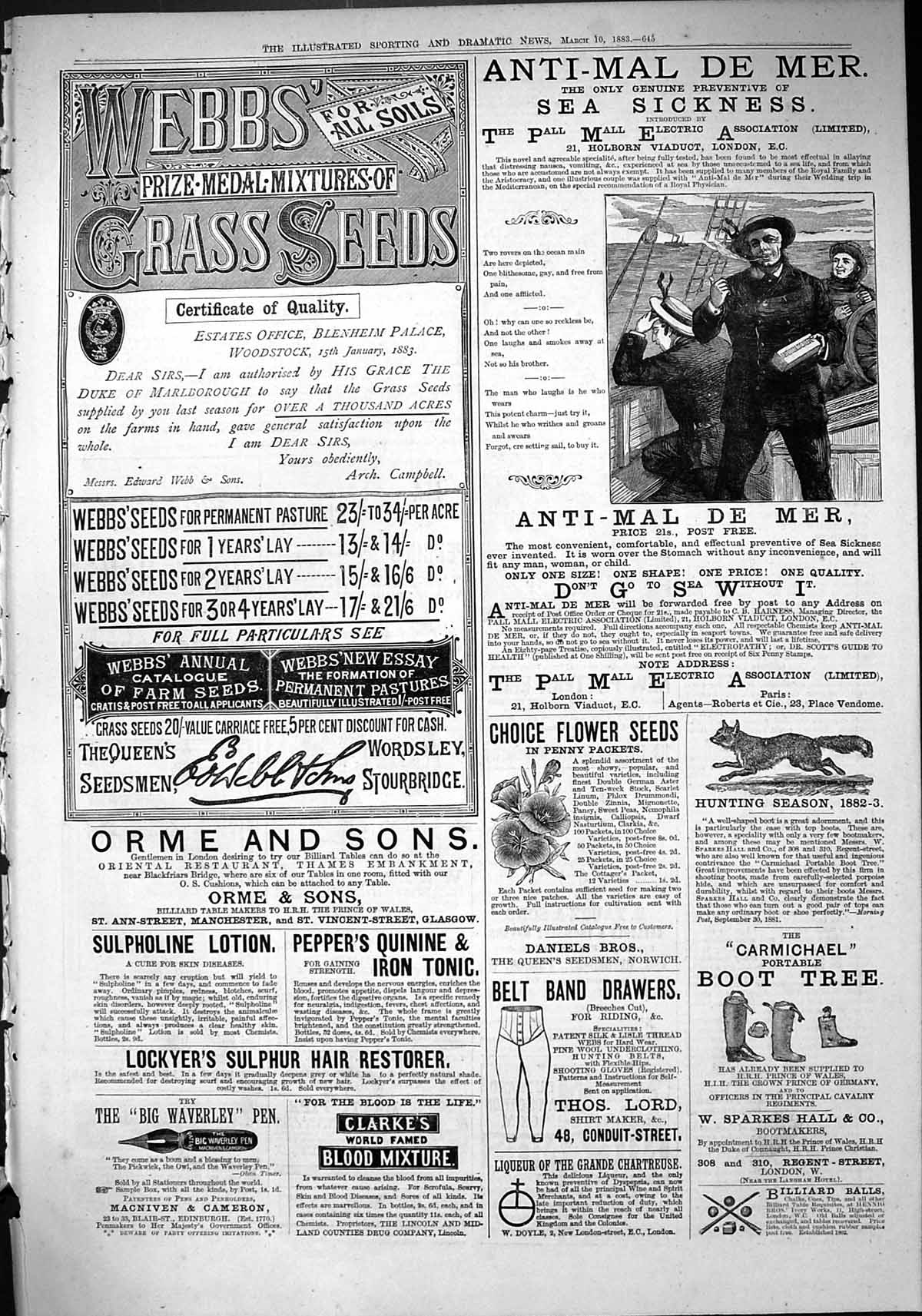 Old Print 1883 Anti-Mal De Mer Sea Sickness Webbs Seeds Orme Lord Sparkes 19th