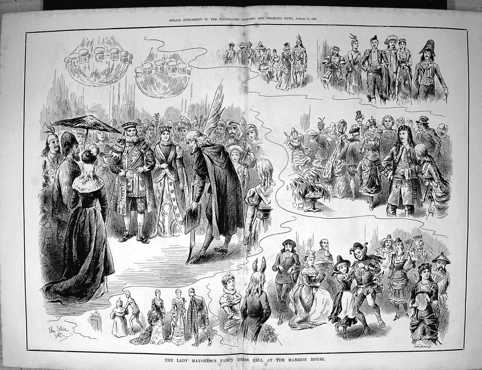 Antique Old Print 1883 Lady Mayoress Fancy Dress Ball Mansion House Costumes