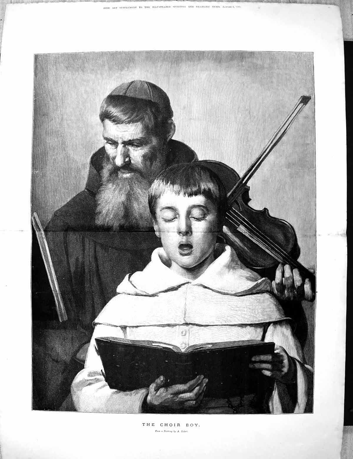 Antique Print 1883 Portrait Choir Boy Singing Music Violin Robert Fine Art
