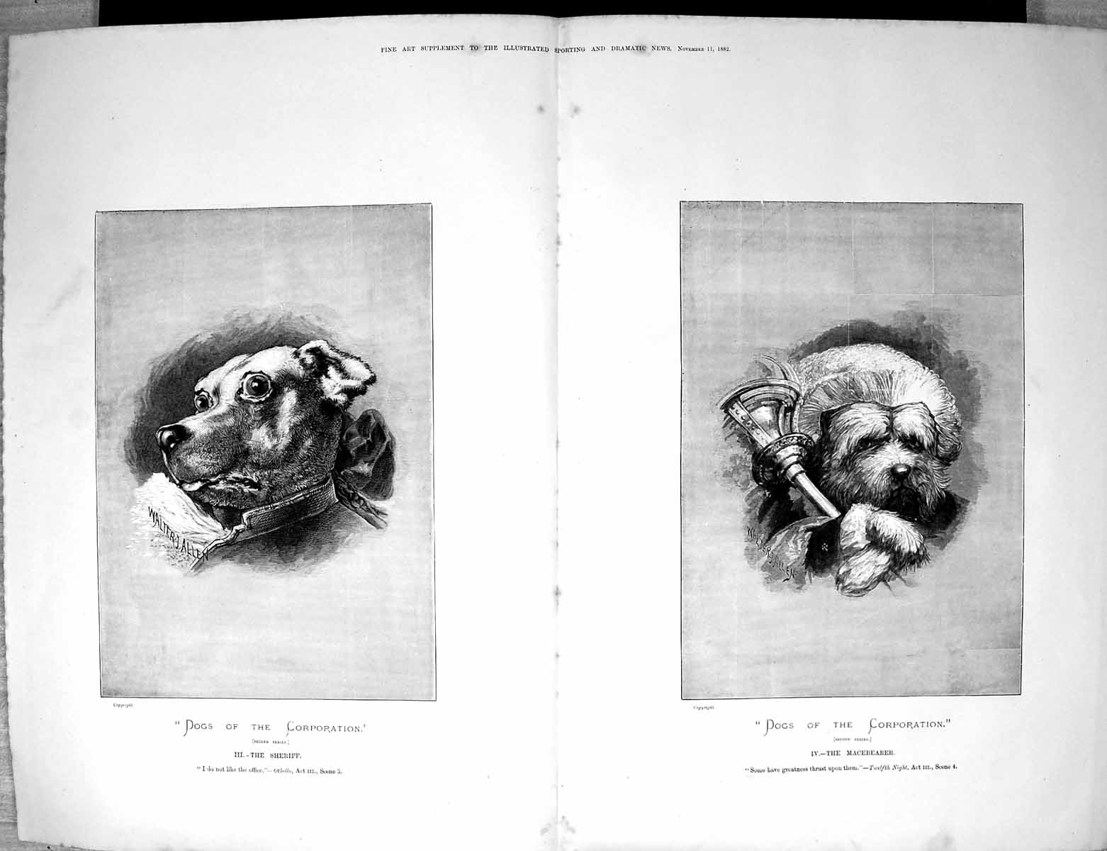 Original Old Antique Print 1882 Portrait Dogs Corporation Sheriff Macebearer