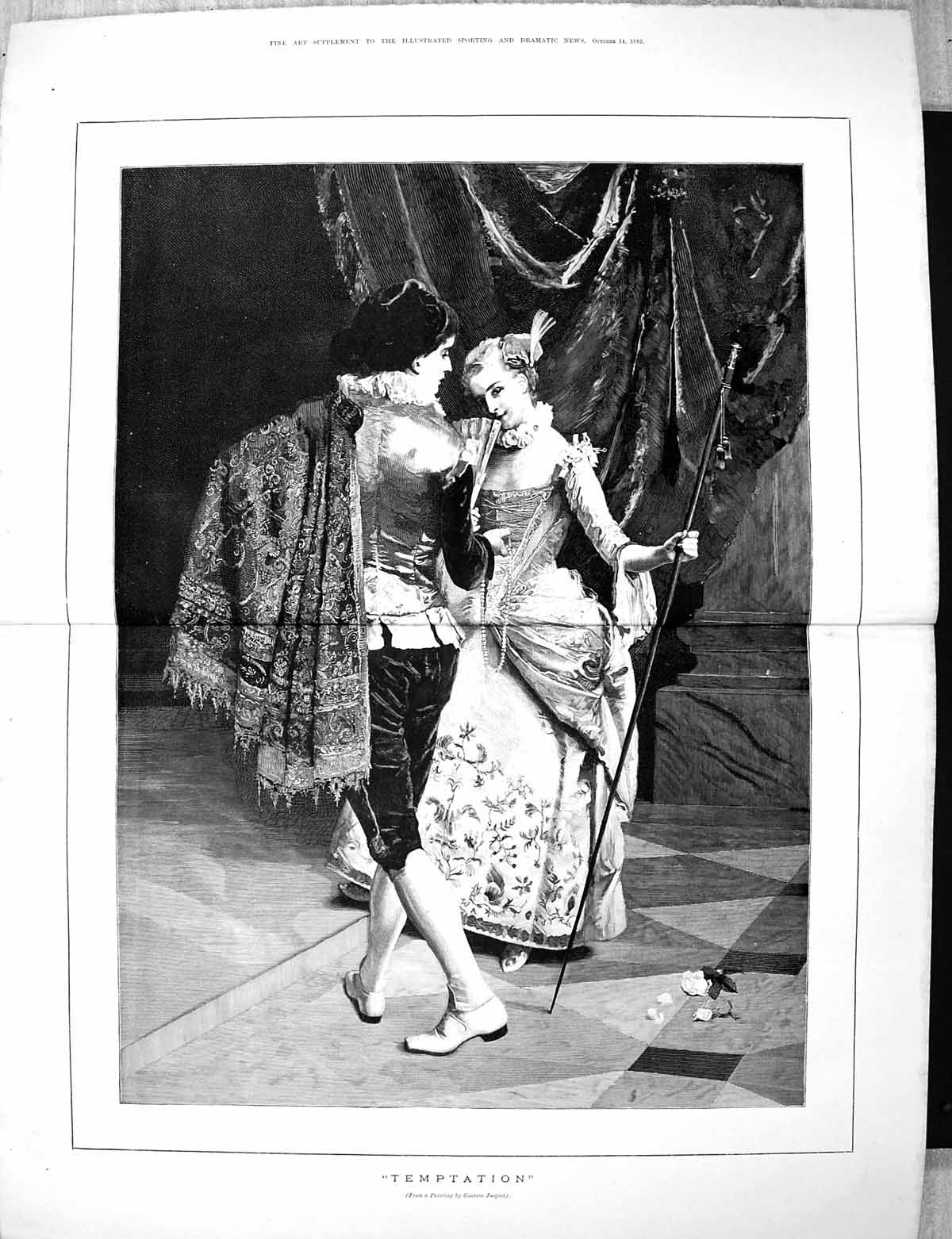 Old Antique Print 1882 Temptation Man Lady Fan Romance Gustave Jacquet 19th