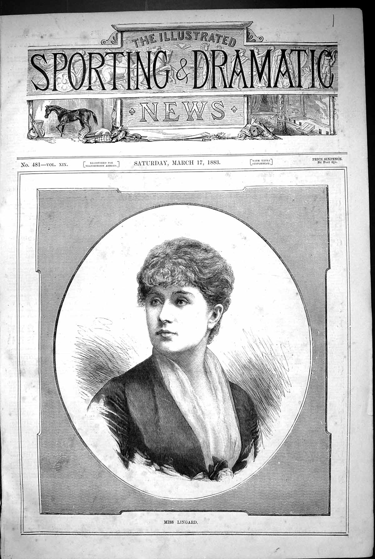 Original Old Antique Print 1883 Portrait Miss Lingard Beautiful Woman Victorian