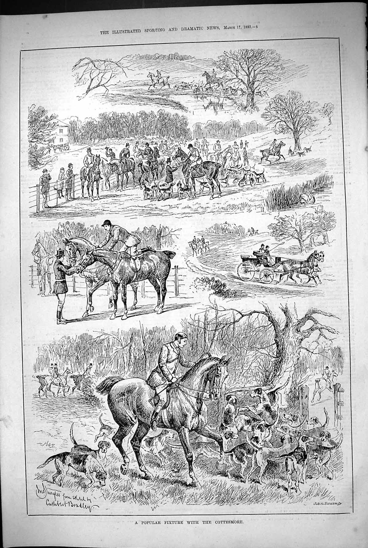 Old 1883 Hunting Cottesmore Hounds Dogs Horses Huntsmen Sport Antuque Victorian