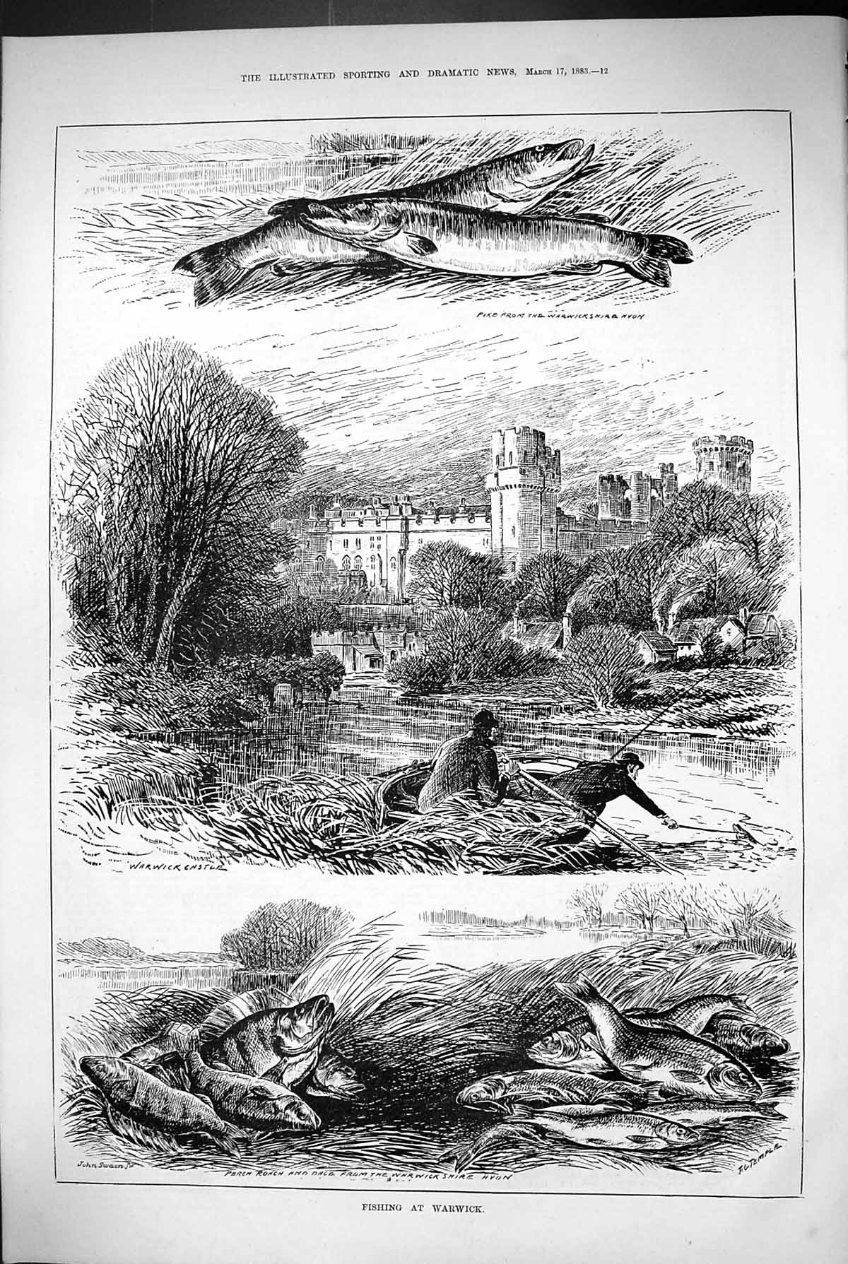 Old 1883 Fishing Warwick Pike Fish Castle Perch Roach Warwickshire Ri Victorian