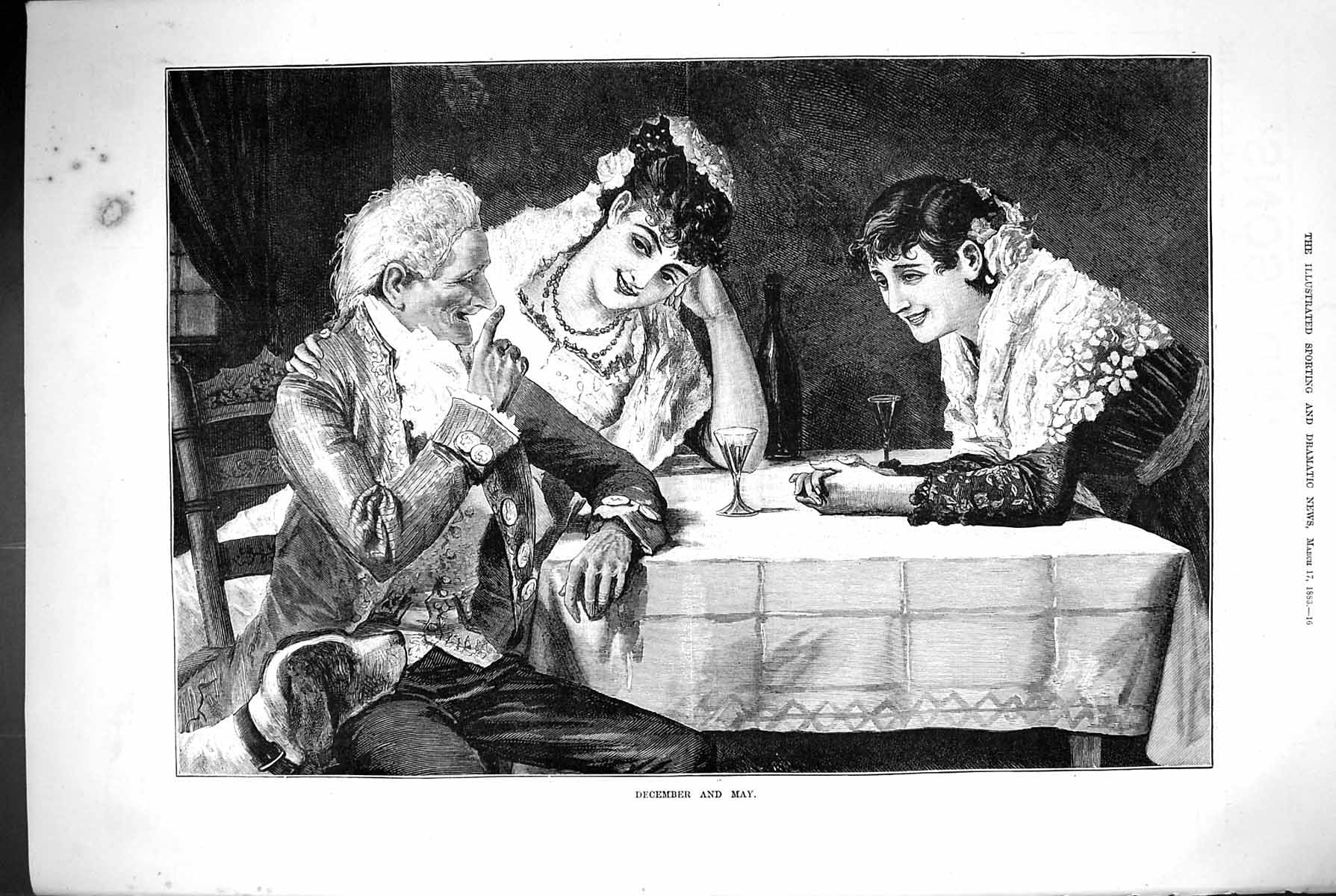 Antique Old Print 1883 December May Man Ladies Dinner Table Telling Stories
