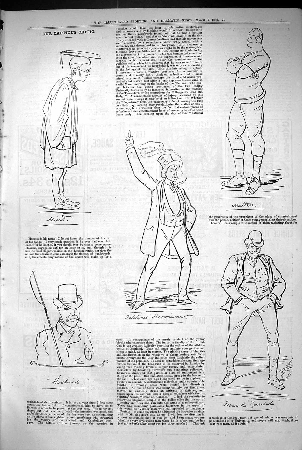 Original Old Antique Print 1883 Captious Critic Theatre Hoskins 19th