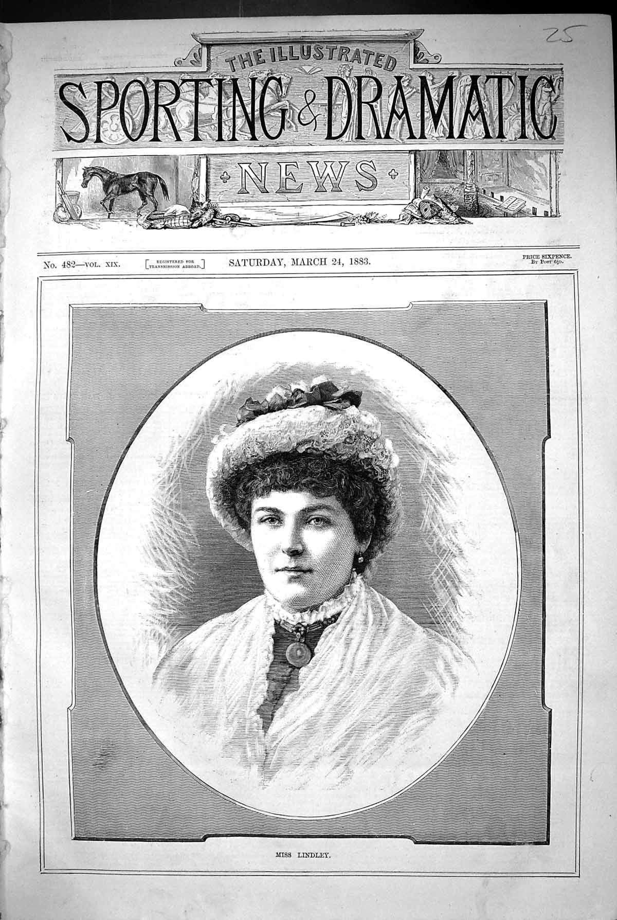 Original Old Antique Print 1883 Portrait Miss Lindley Beautiful Woman Victorian