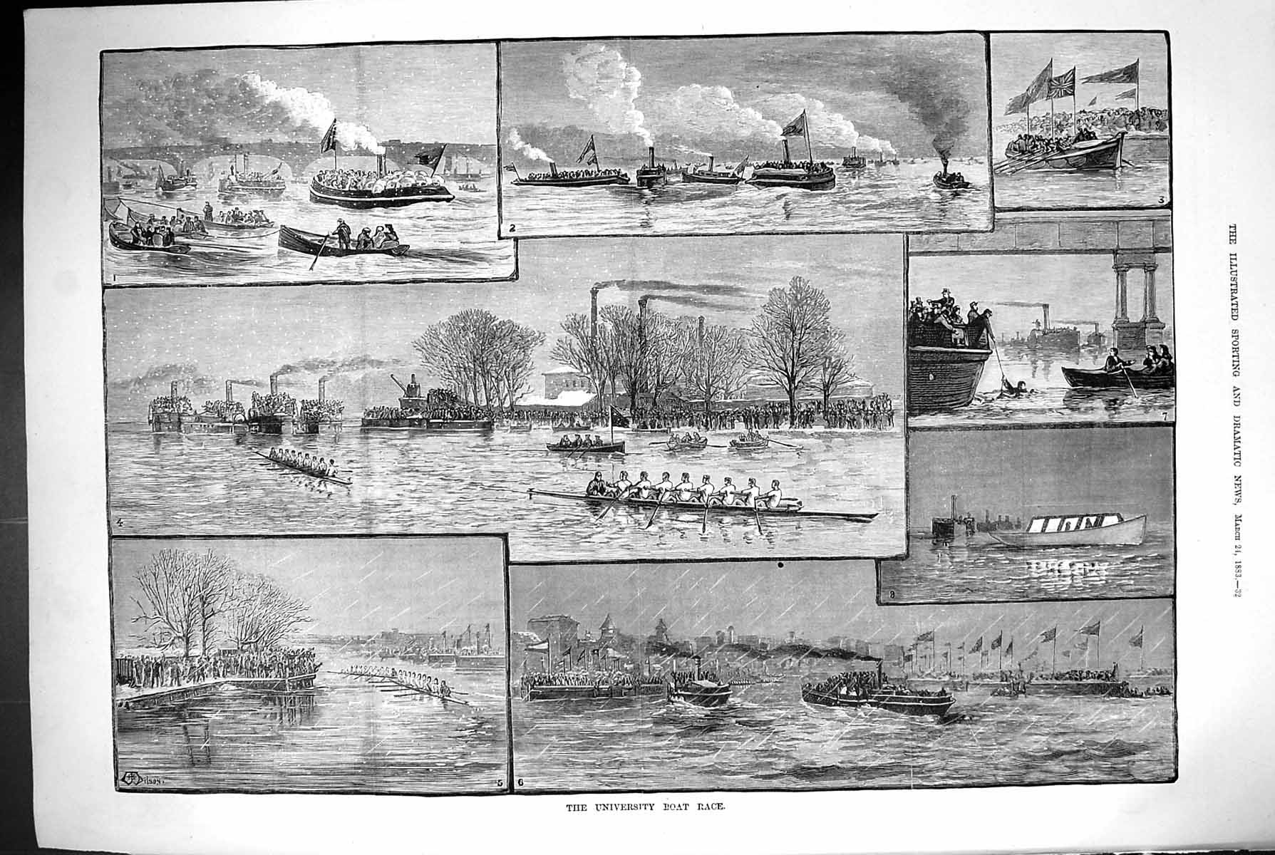 Old 1883 University Boat Race Oxford Cambridge Stormy Weather River T Victorian