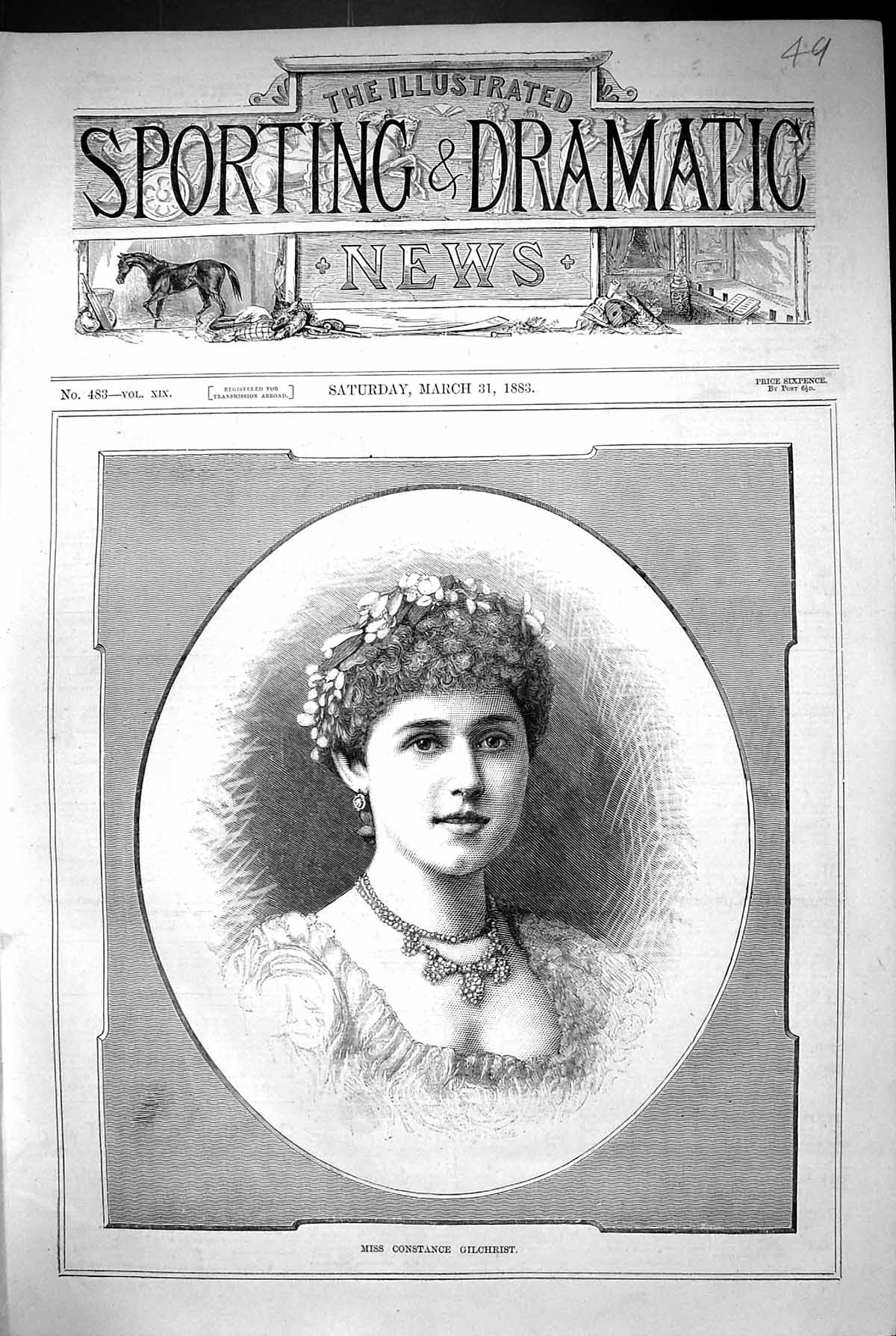 Old Antique Print 1883 Portrait Miss Constance Gilchrist Beautiful Woman 19th