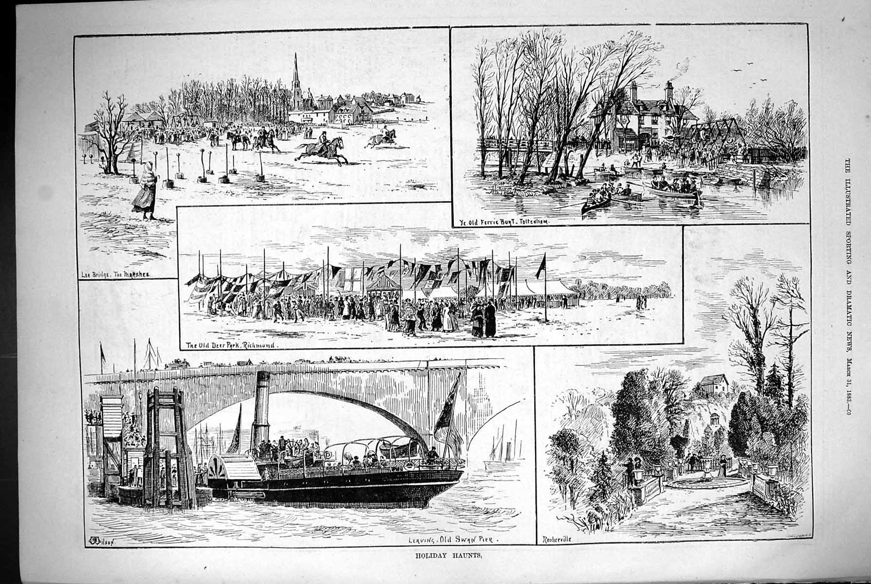 Antique Print 1883 Holiday Haunts Ye Ferrie Boat Tottenham Deer Park Richmo