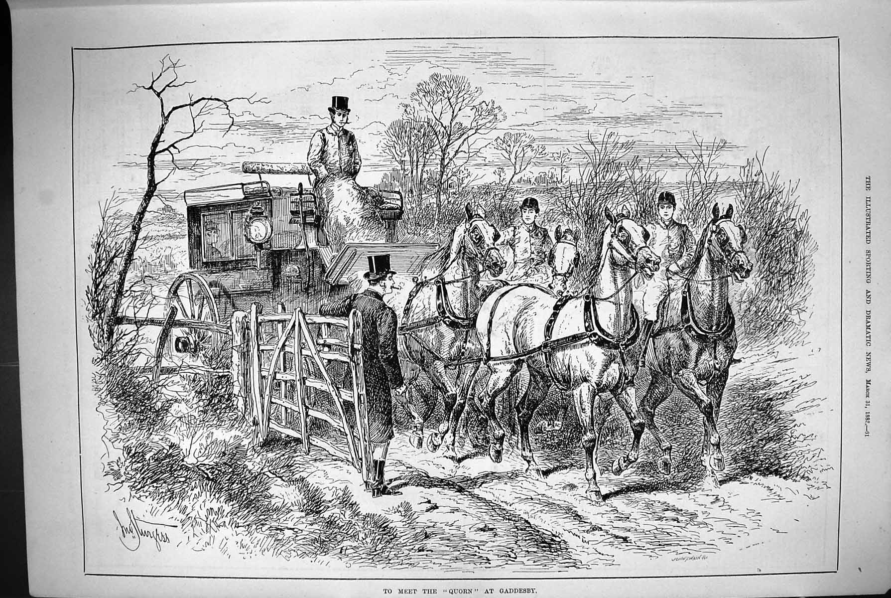 Old Antique Print 1883 Hunting Meet Quorn Gaddesby Horses Coach Transport 19th