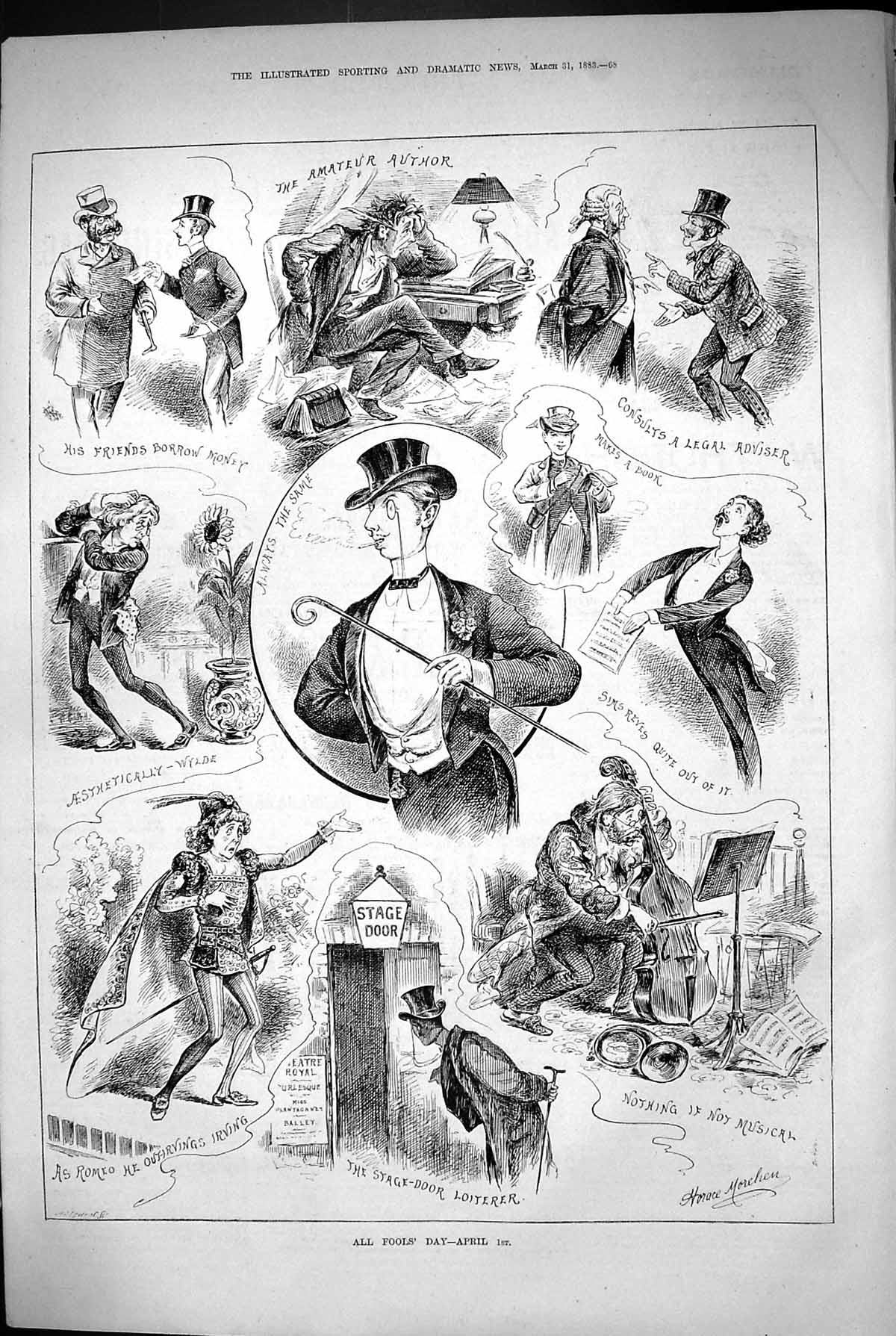 Antique Print 1883 All Fools Day April Theatre Amateur Author Romeo Irving 19th