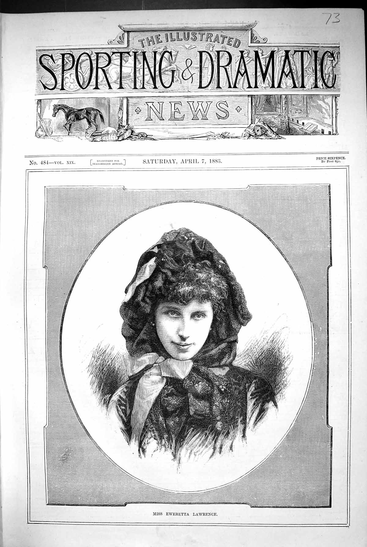 Original Old Antique Print 1883 Portrait Miss Eweretta Lawrence Beautiful Woman